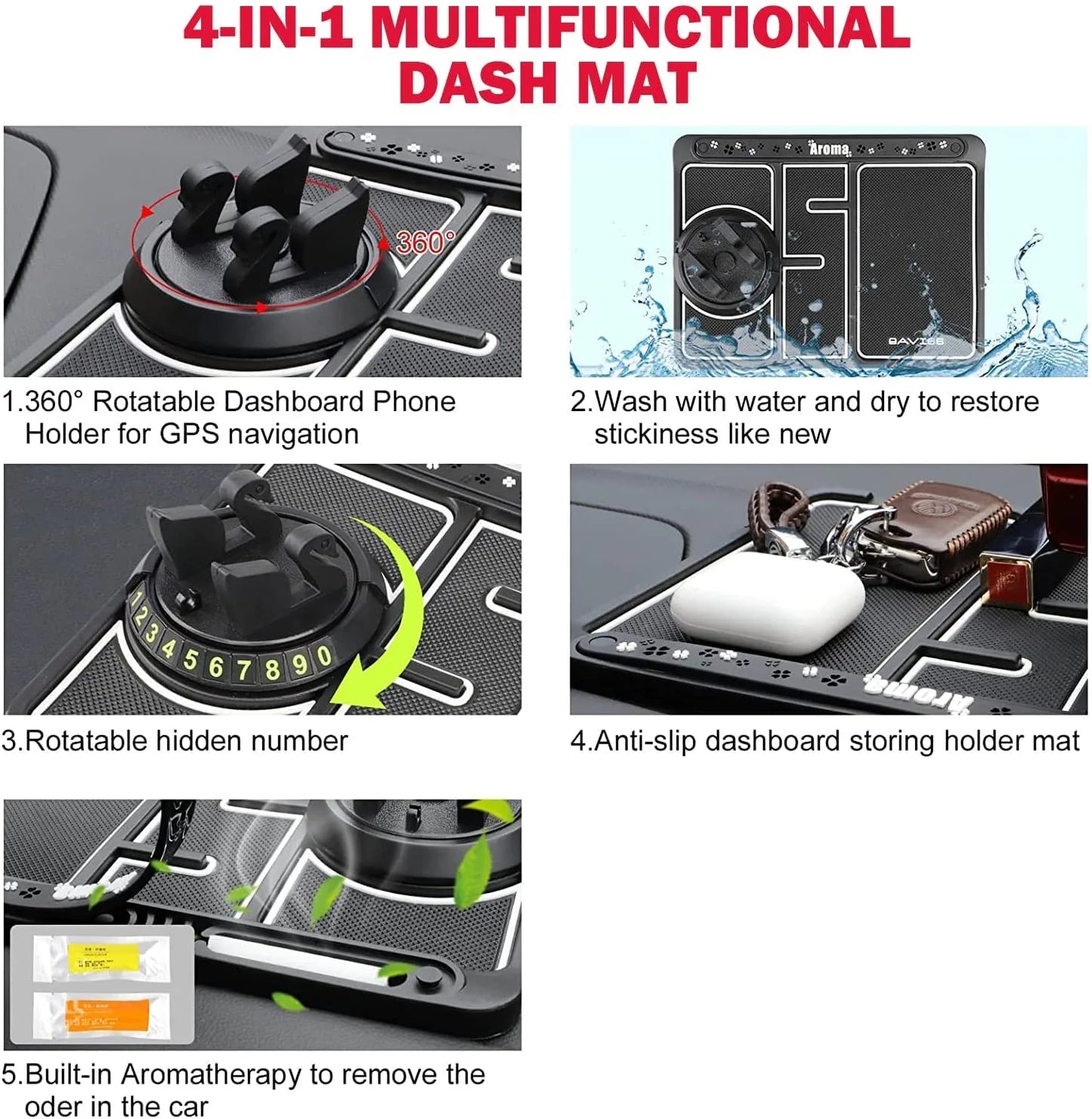 Non-Slip Phone Pad for 4-In-1 Car, Multifunctional Dashboard Anti-Slip Rubber Pad Mat，Universal 360°Rotation Car Phone Holder，With Replaceable Temporary Parking Card Number Plate and Aromatherapy