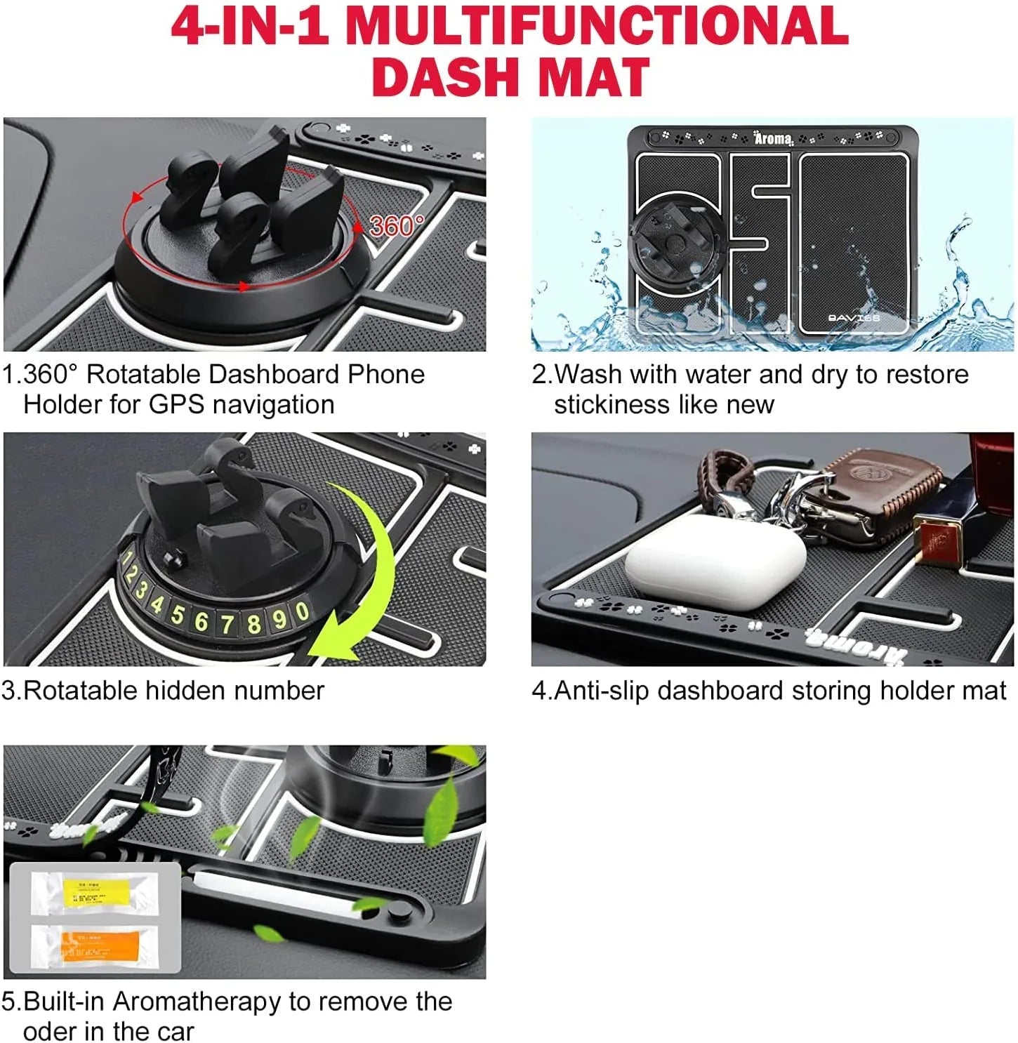 Non-Slip Phone Pad for 4-In-1 Car, Multifunctional Dashboard Anti-Slip Rubber Pad Mat，Universal 360°Rotation Car Phone Holder，With Replaceable Temporary Parking Card Number Plate and Aromatherapy
