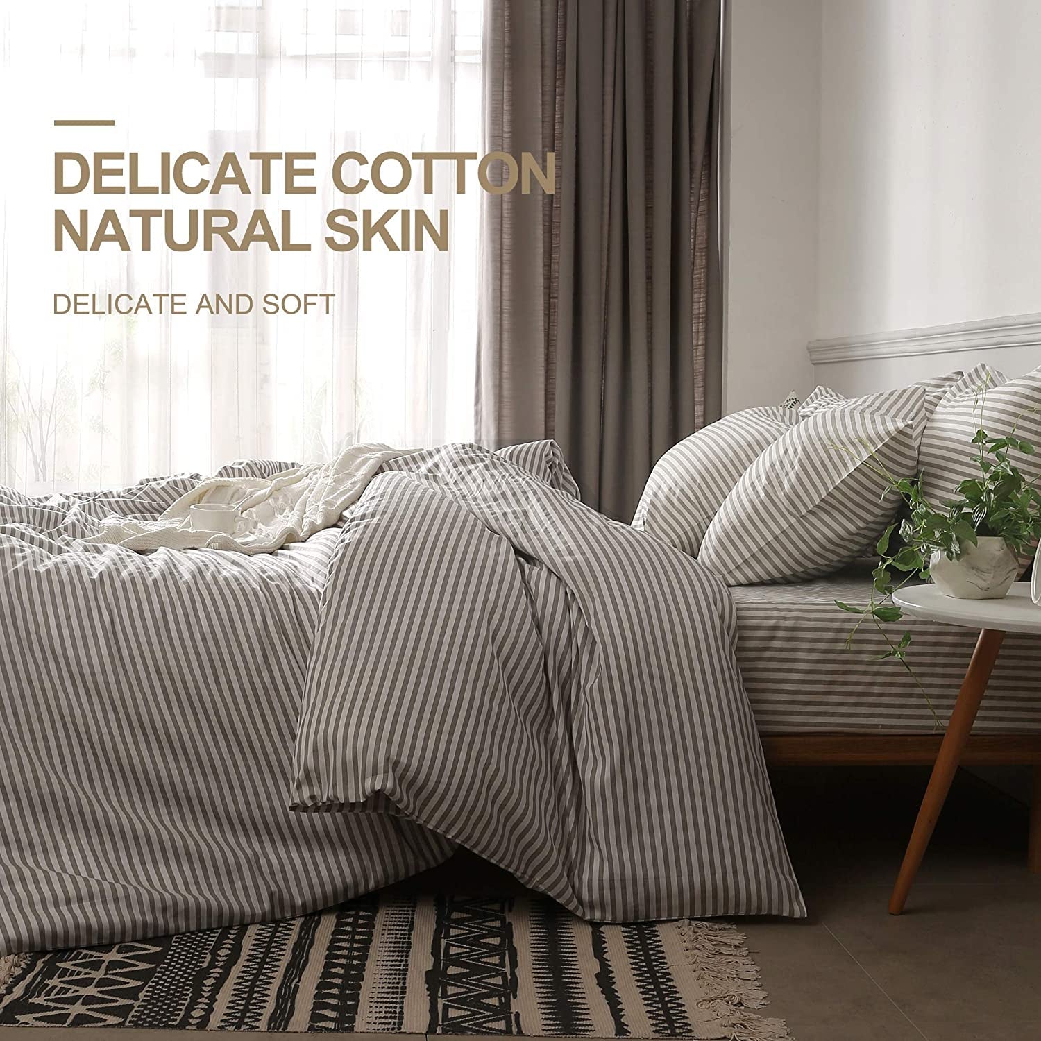 100% Natural Cotton 2Pcs Striped Duvet Cover Sets,White Duvet Cover with Grey Stripes Pattern Printed Comforter Cover,With Zipper Closure & Corner Ties(Twin Size)