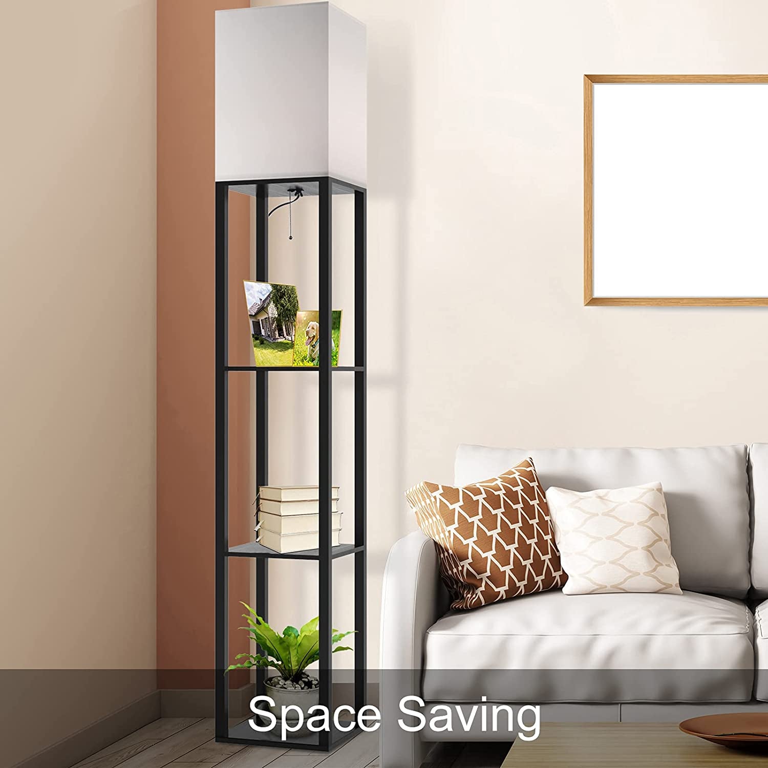 Column Floor Lamp with Shelves, Modern Shelf Floor Lamp with 9W LED Bulb, 3 Tier Storage Display Standing Reading Lamp Narrow Corner Nightstand Light for Bedroom Living Room, Black
