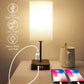 USB Bedside Table & Desk Lamp with 3 USB Charging Ports and 2 Outlets Power Strip,Black Charger Base with White Fabric Shade, LED Light for Bedroom/Nightstand/Living Room