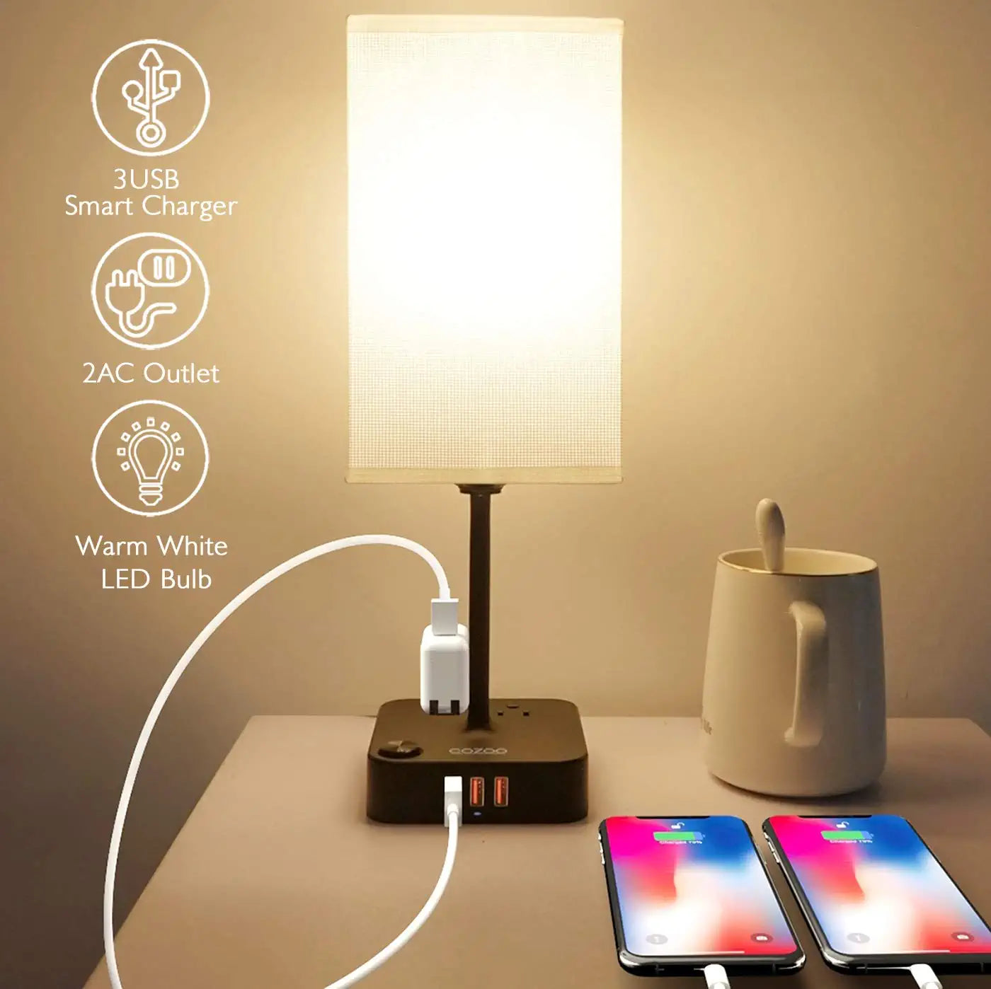 USB Bedside Table & Desk Lamp with 3 USB Charging Ports and 2 Outlets Power Strip,Black Charger Base with White Fabric Shade, LED Light for Bedroom/Nightstand/Living Room