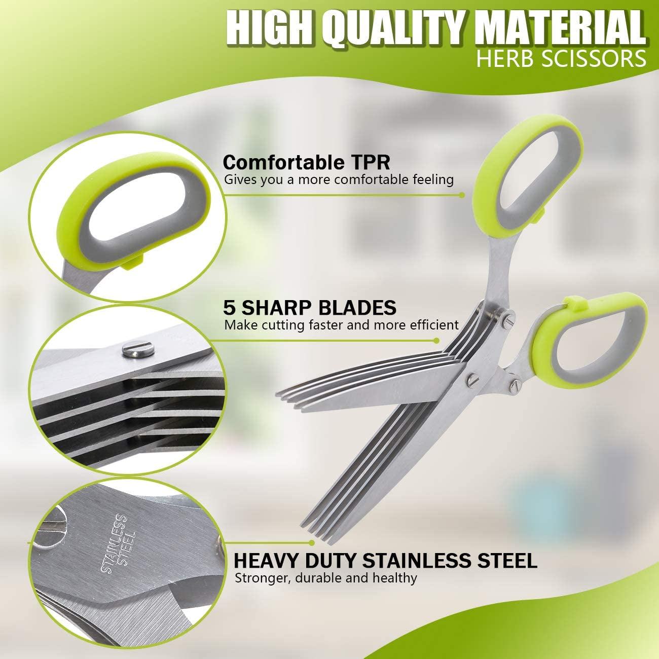 Herb Scissors with 5 Multi Stainless Steel Blades and Safe Cover Kitchen Gadgets Cutter, Kitchen Chopping Shear, Mincer, Sharp Dishwasher Safe Kitchen Gadget, Culinary Cutter