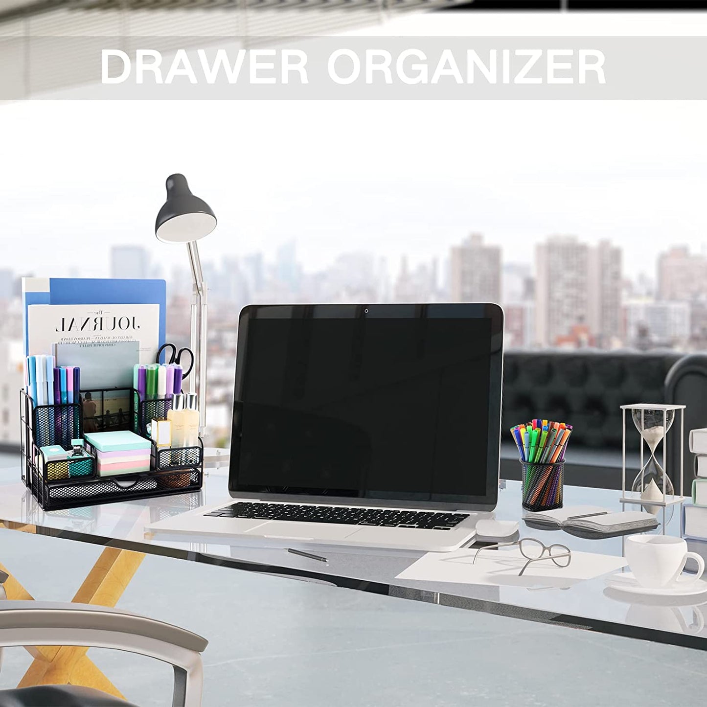 Desk Organizers and Accessories, Office Supplies Desk Organizer Caddy with 7 Compartments + Pen Holder / 72 Clips Set, Mesh Desk Organizer with Drawer, Black Desktop Organizer for Home, Office Ect