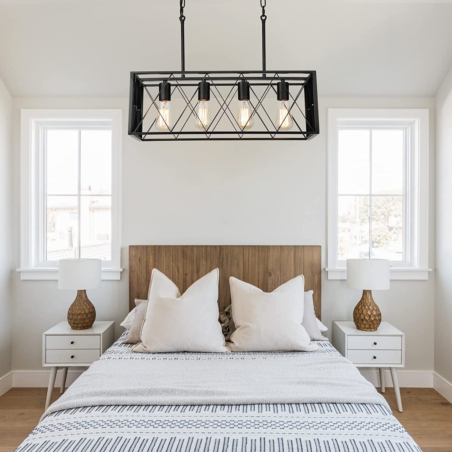 Kitchen Island Lighting Farmhouse Chandelier, 4-Lights Dining Room Light Fixtures 25.19'' Industrial Black Metal Rustic Rectangular Chandeliers for Living Room Bedroom Foyer Hallway Restaurant