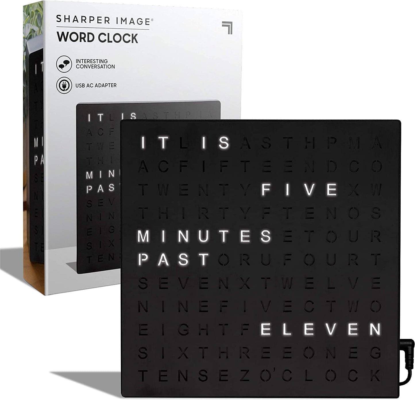 SHARPER IMAGE Light up Electronic Plug-In Word Clock, Black Finish with LED Light Display, USB Cord and Power Adapter, Unique Contemporary Home and Office Décor, Accent Desk Clock