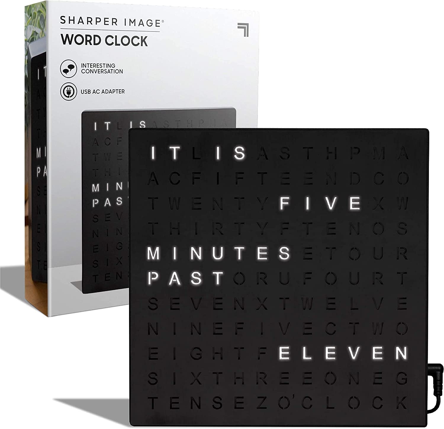 SHARPER IMAGE Light up Electronic Plug-In Word Clock, Black Finish with LED Light Display, USB Cord and Power Adapter, Unique Contemporary Home and Office Décor, Accent Desk Clock