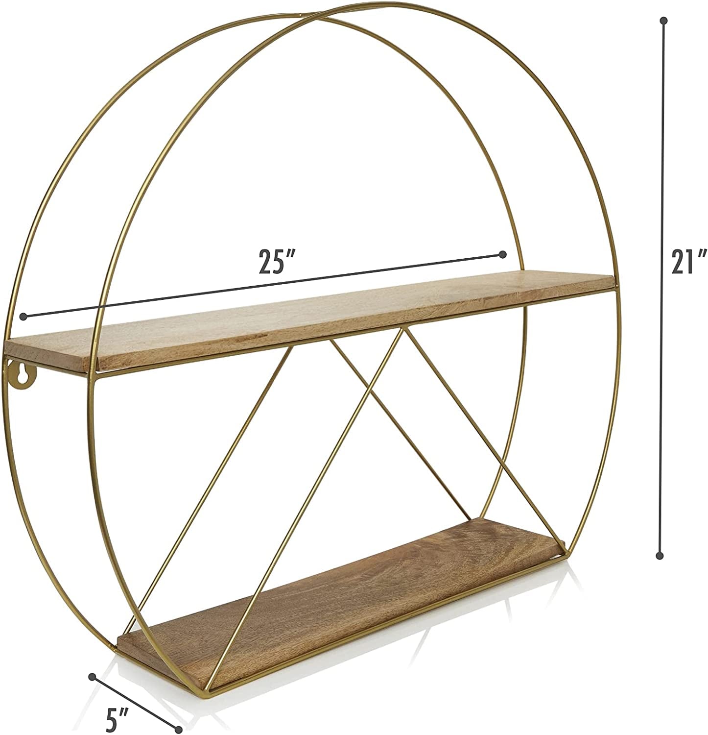 Gold round Wall Shelves, Large Circular Floating Shelf for Bathroom, Living Room, Kitchen and Bedroom, Brass Geometric Wall Decor, Metal Sconce Shelf with Mango Wood, Boho Accent Display