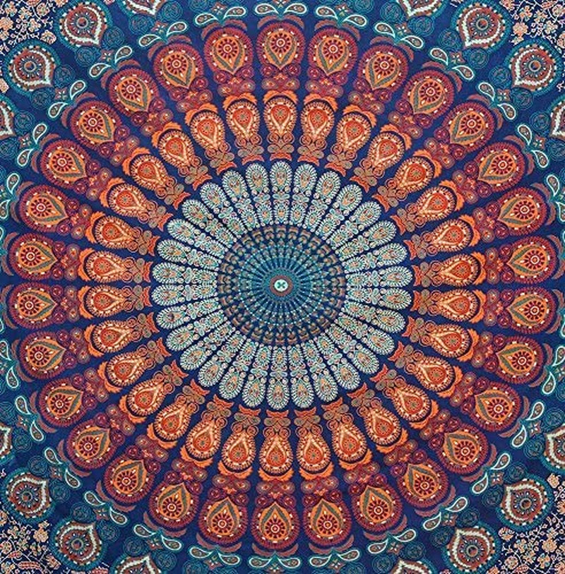 Indian Hippie Bohemian Psychedelic Golden Blue Peacock Mandala Wall Hanging Bedding Tapestry (Golden Blue, Queen (84X90Inches)(215X230Cms))