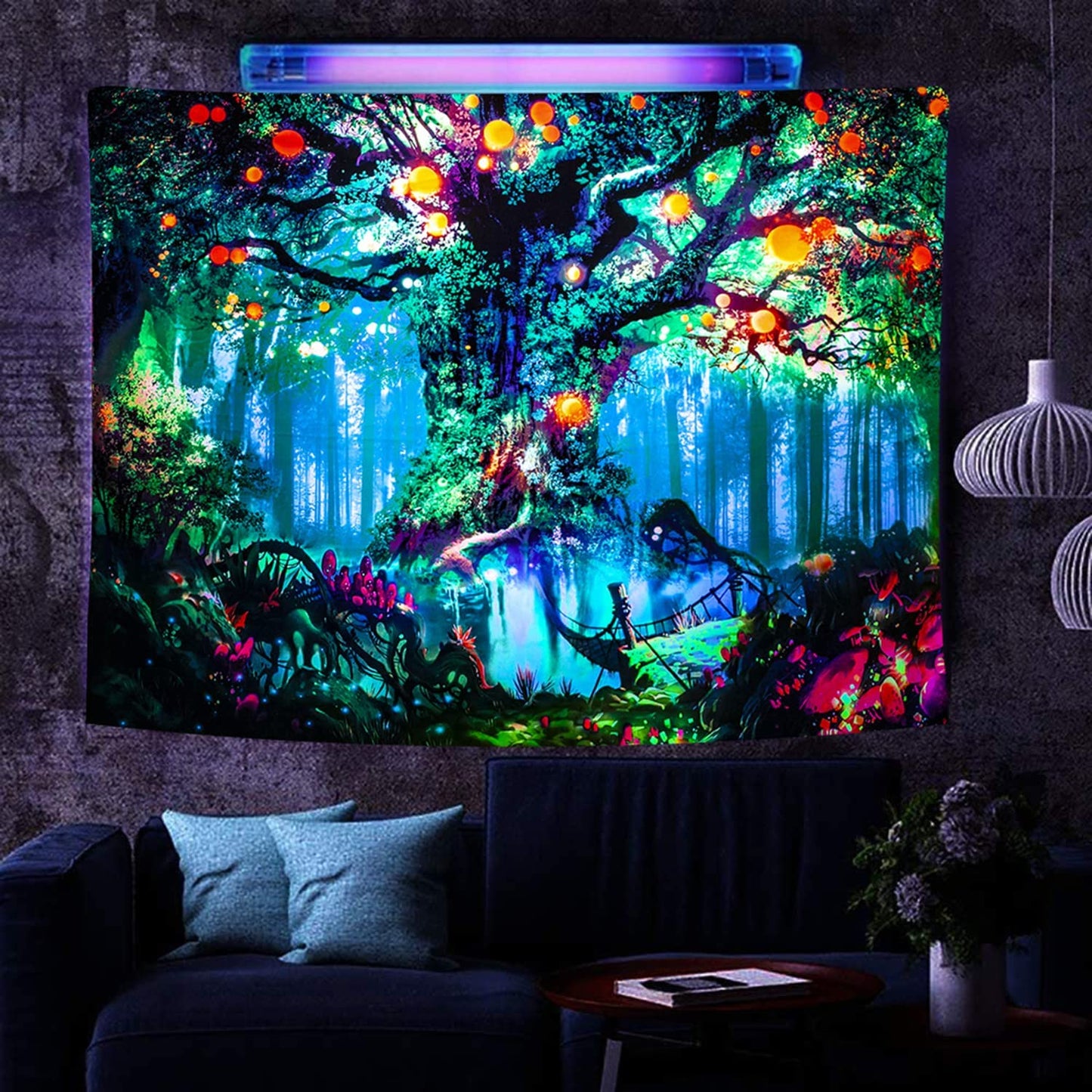 Blacklight Tapestry UV Reactive Tree of Life Tapestry Wall Hanging, Fantasy Forest Tapestries with Fairy Tales Tapestry Posters Trippy Mushroom Tapestry for Bedroom Glow in the Dark (59.1 in X 82.7 In)