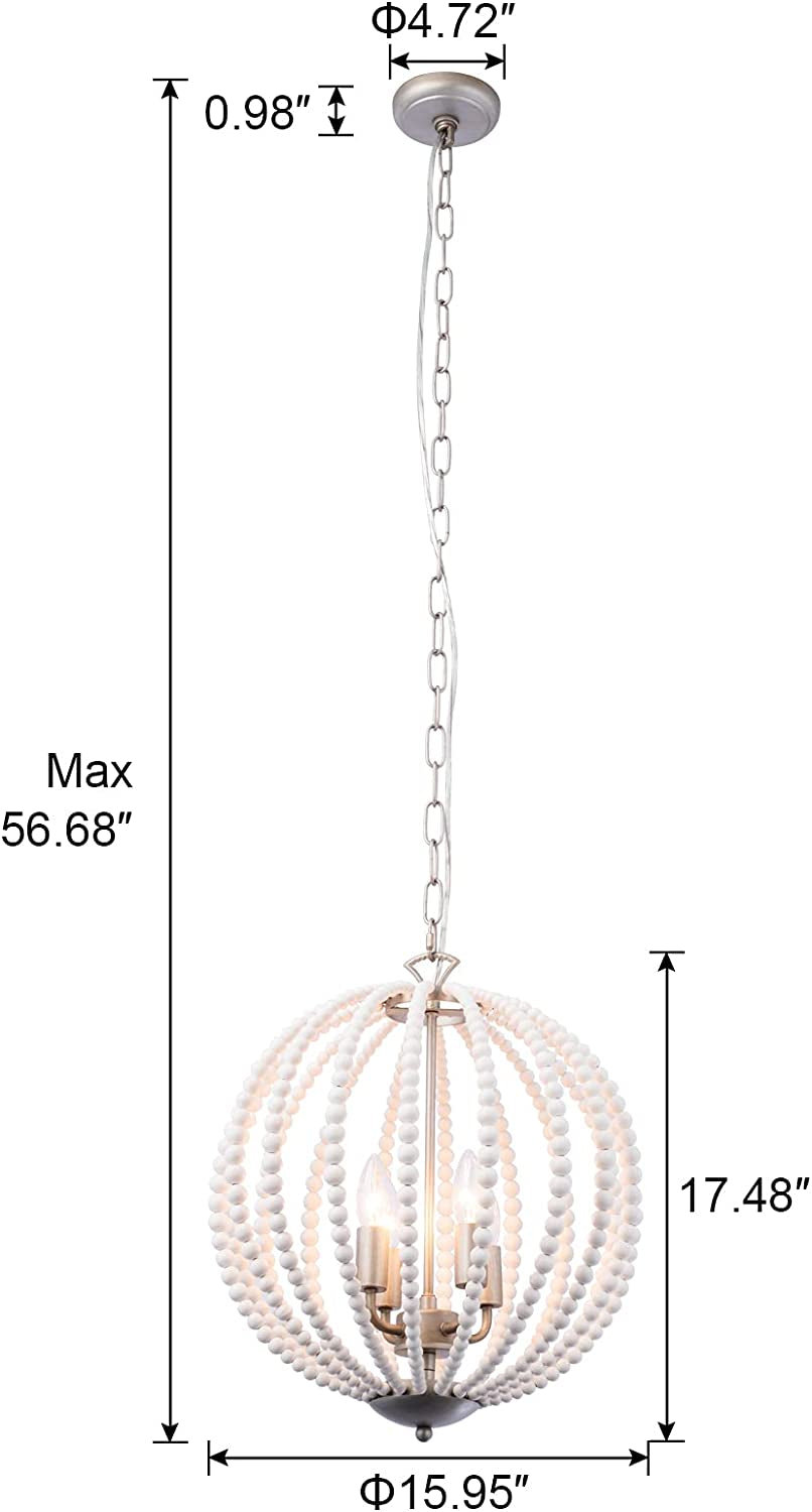 Boho Wood Beaded Pendant Light Candle Style Globe Chandelier White Finishing for Bedroom, Kitchen Island, Girl Room 4-Light