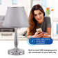 Touch Table Lamp with USB Ports - 3-Way Dimmable Small Nightstand Lamp for Bedroom & Living Room, Bedside Lamp W/ Grey Trapezoidal Shade (Assembled) & Silver/Chrome Metal Base - LED Bulb Included