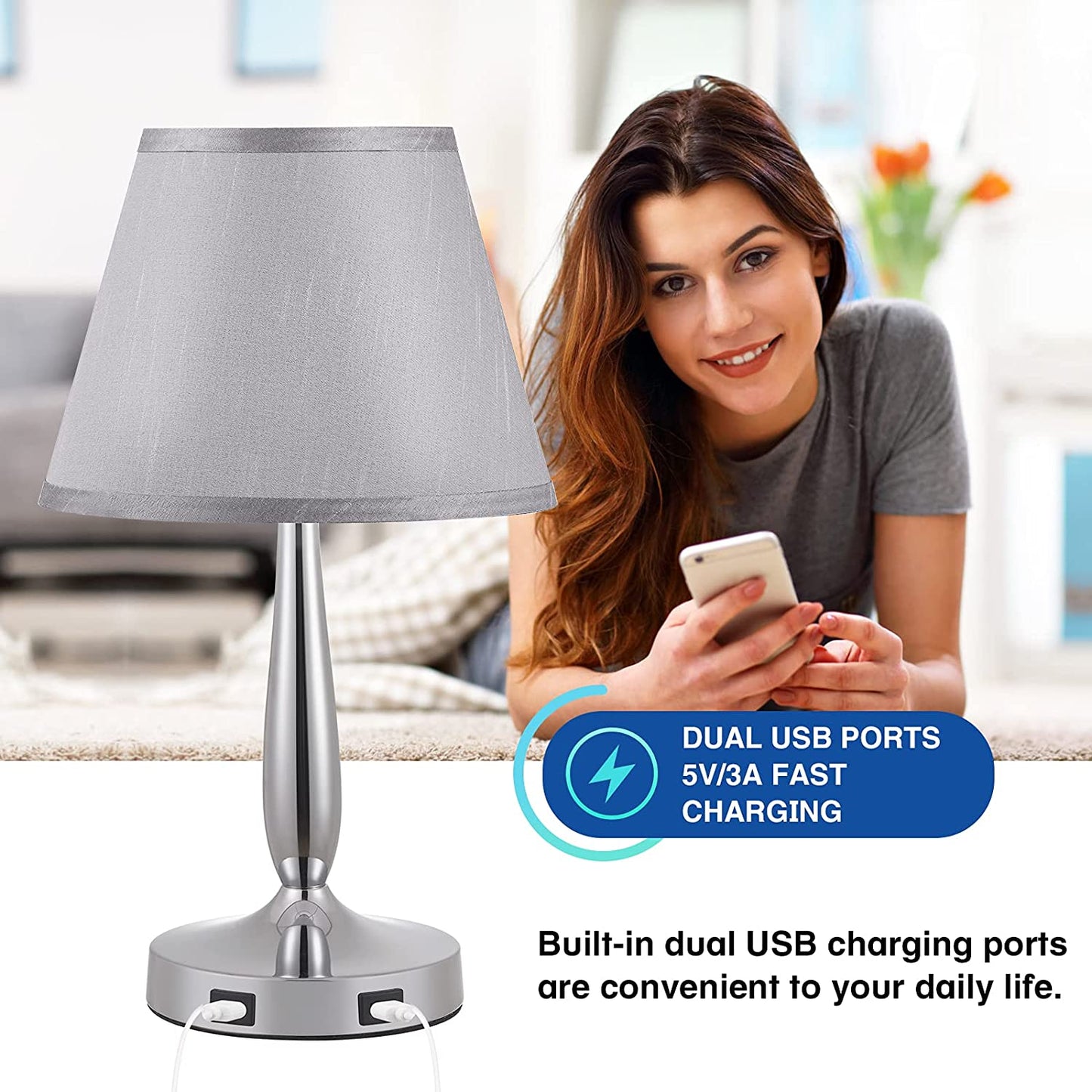 Touch Table Lamp with USB Ports - 3-Way Dimmable Small Nightstand Lamp for Bedroom & Living Room, Bedside Lamp W/ Grey Trapezoidal Shade (Assembled) & Silver/Chrome Metal Base - LED Bulb Included