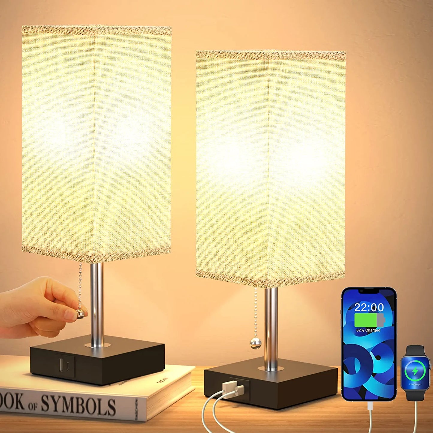 Bedside Lamps for Bedrooms Set of 2 - Table Lamps for Nightstand with USB Ports, Small Night Stand Light Lamp with Grey Fabric Shade for End Table Living Room Home Office Study Room (2 Pack)