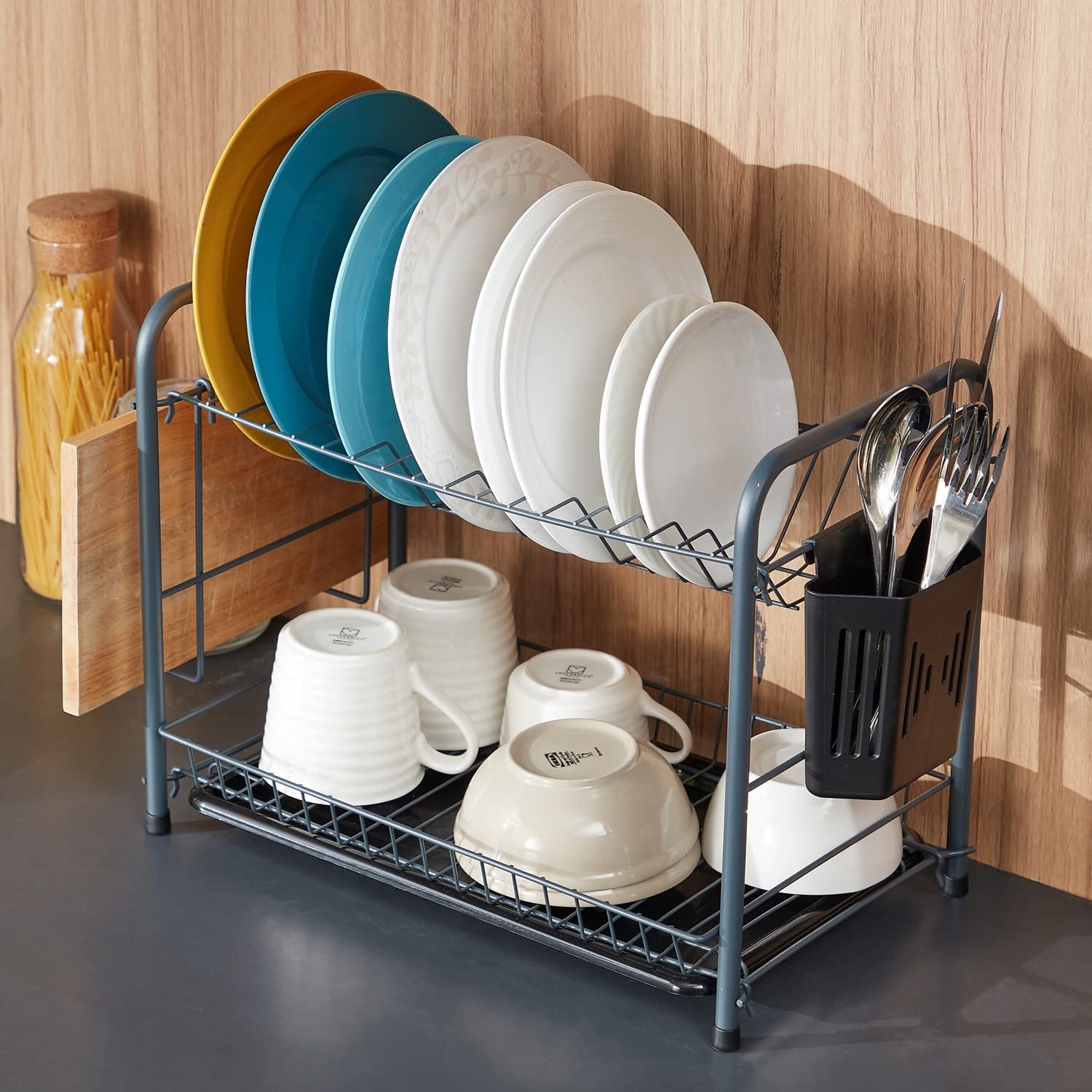 Dish Rack, 2 Tier Dish Drying Rack Kitchen Organizer with Drain Board, Utensil Holder, Cutting Board Holder, Gray