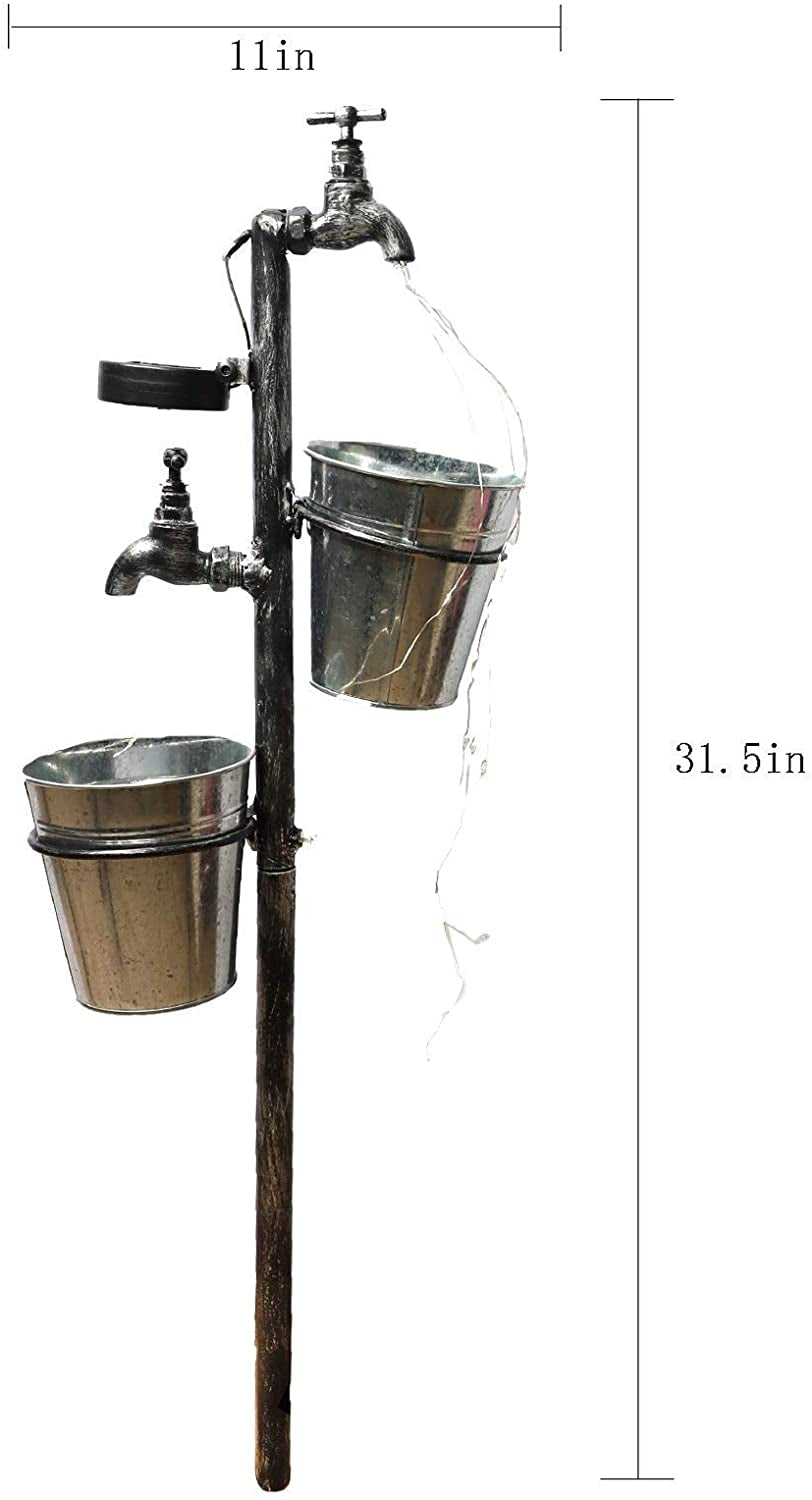 Solar Faucet Garden Stake with Two Planters, LED Lights Flowing Water Retro Metal Faucet Yard Stake Outdoor Plant Holder Flower Pots for Lawn Garden Decorations