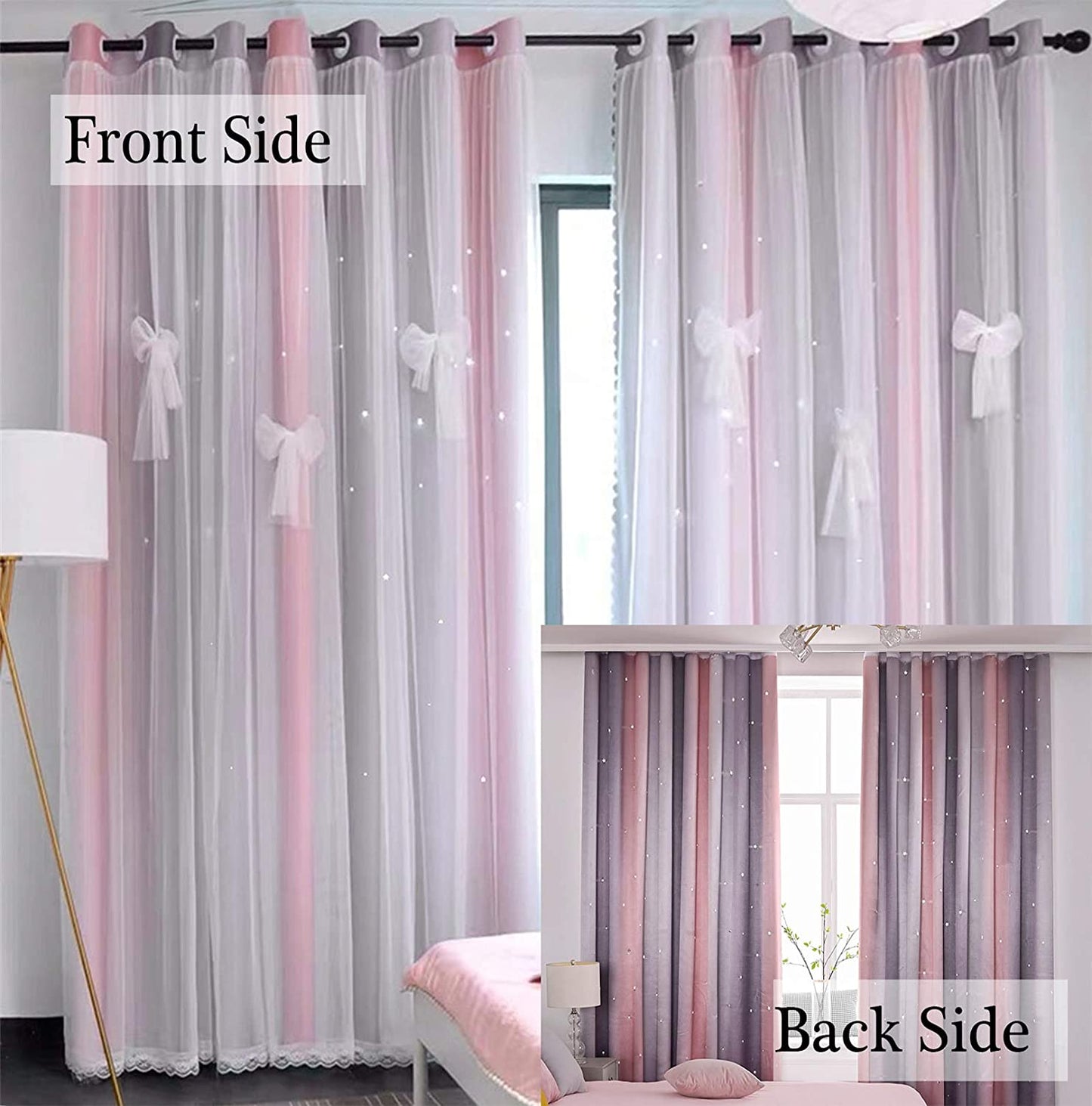 Curtains for Girls Bedroom Kids Curtain Hollow-Out Star Window Nursery Curtain 63 Inches Length Room Darkening Grommet 2 Layers (Pink Grey, W52 X L63)