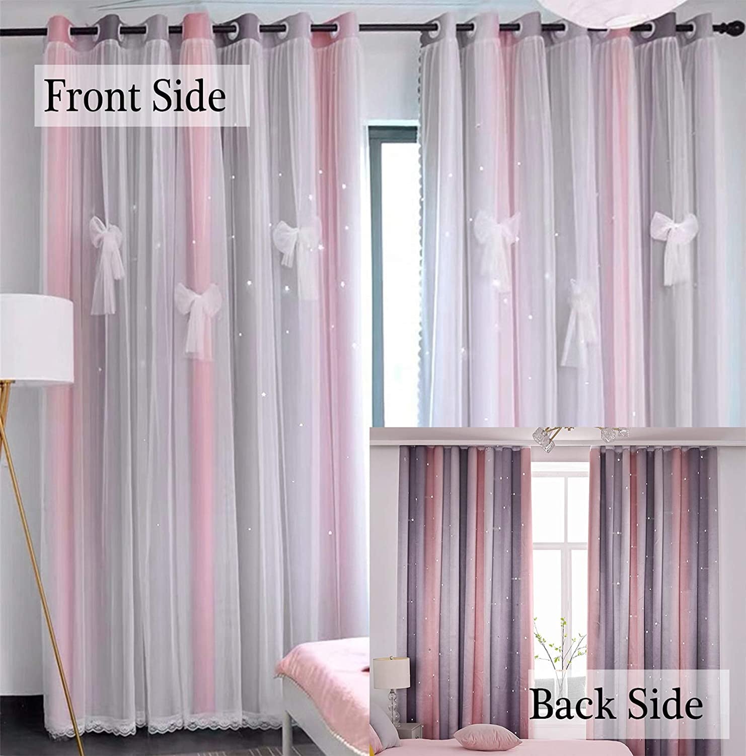 Curtains for Girls Bedroom Kids Curtain Hollow-Out Star Window Nursery Curtain 63 Inches Length Room Darkening Grommet 2 Layers (Pink Grey, W52 X L63)