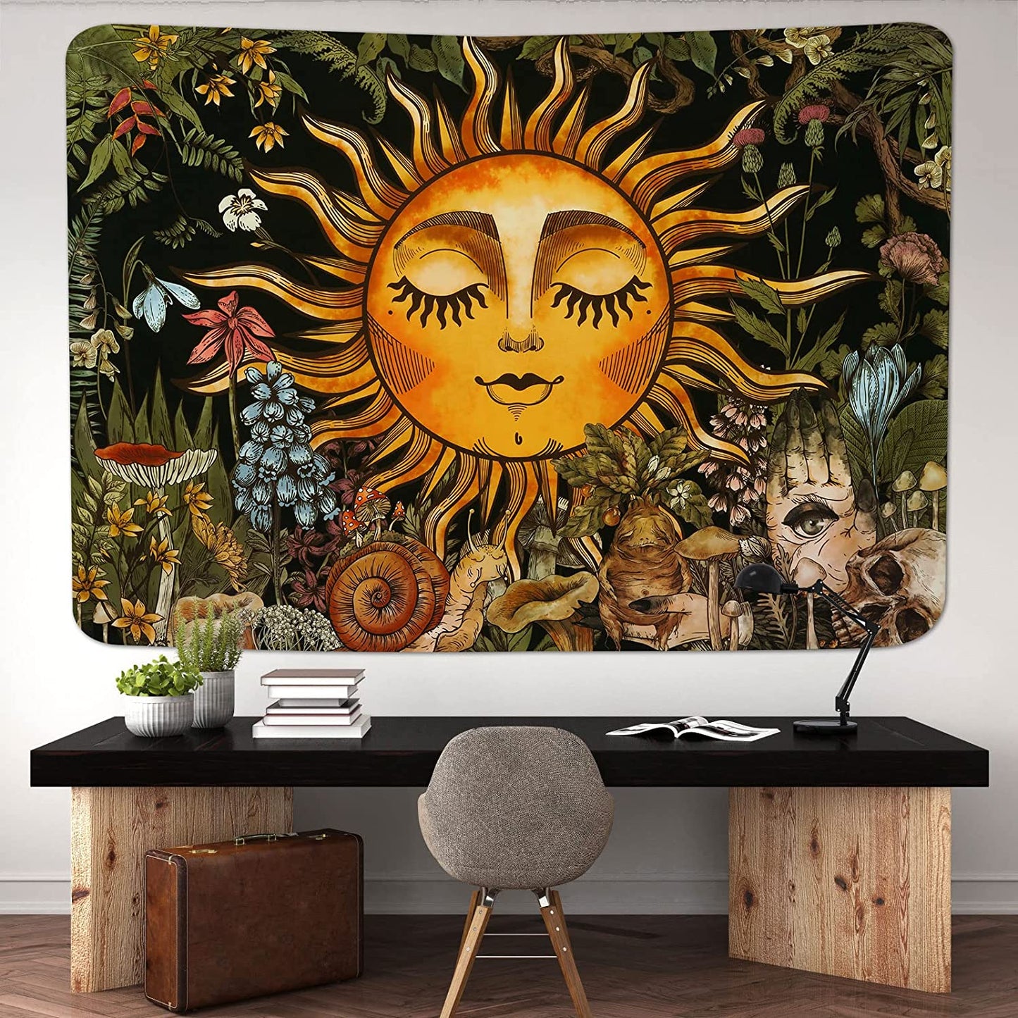 Burning Sun Tapestry Vintage Floral Tapestry Plants and Leaves Tapestries Mystic Hippie Tapestry Snail and Skull Tapestry Wall Hanging for Room(51.2 X 59.1 Inches)