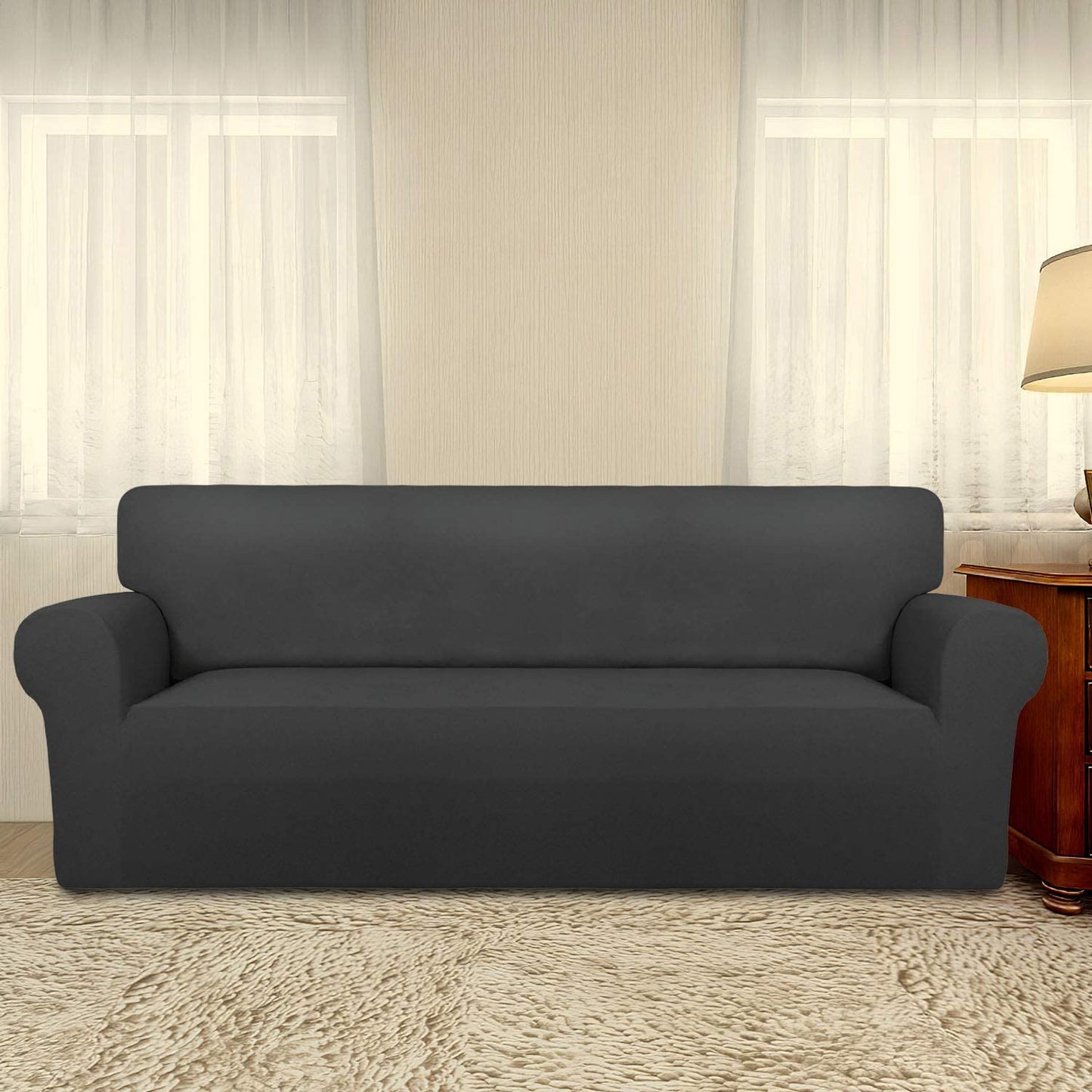 Super Stretch Chair Sofa Slipcover – Spandex Non Slip Soft Couch Sofa Cover, Washable Furniture Protector with Non Skid Foam and Elastic Bottom for Kids, Pets （Sofa， Dark Gray）
