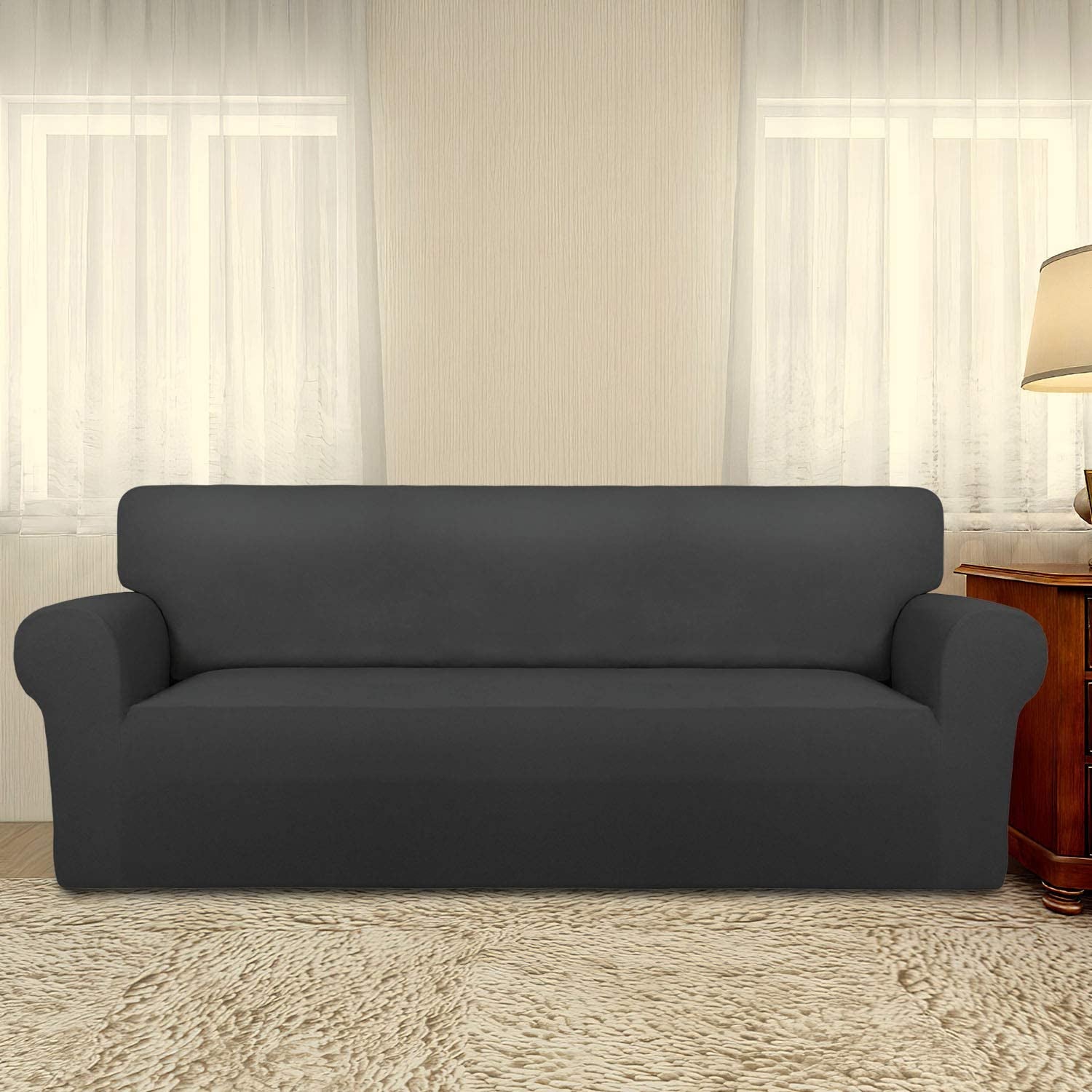 Super Stretch Chair Sofa Slipcover – Spandex Non Slip Soft Couch Sofa Cover, Washable Furniture Protector with Non Skid Foam and Elastic Bottom for Kids, Pets （Sofa， Dark Gray）