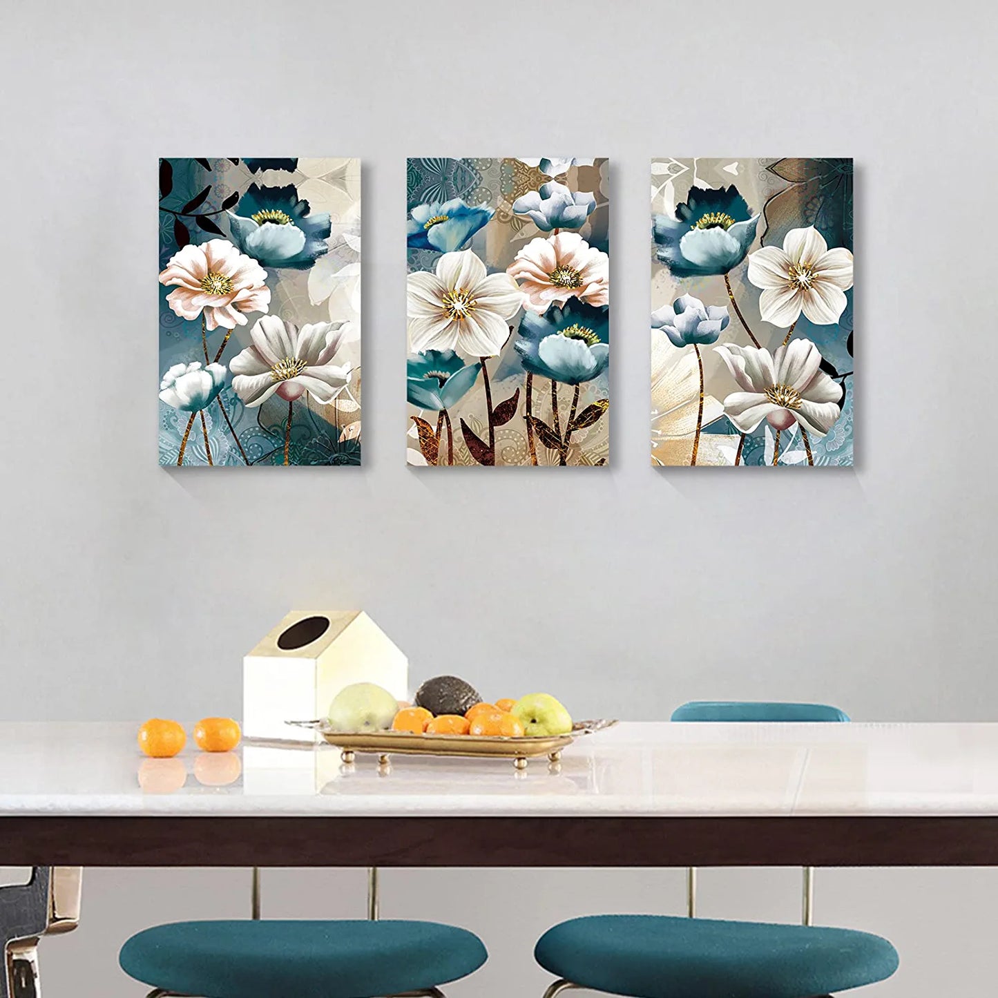 Lotus Flower Canvas Wall Decor Living Room White and Indigo Blue Floral Picture Wall Art for Dining Room Bedroom Bathroom Kitchen Prints Paintings for Home Decorations