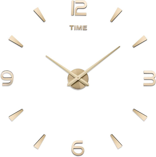 3D DIY Wall Clock Decor Sticker Mirror Frameless Large DIY Wall Clock Kit for Home Living Room Bedroom Office Decoration (Gold)