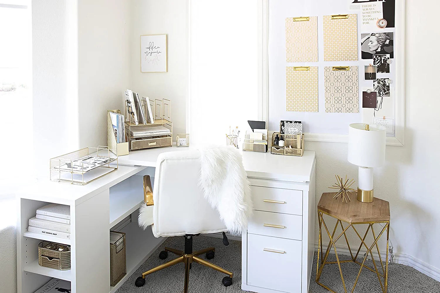 Gold Desk Accessories and Workspace Organizers, Desktop Organizer - Cute File Organizer for Desk and Drawer Storage for Office Supplies, Paper, Device and Folders - File Holder