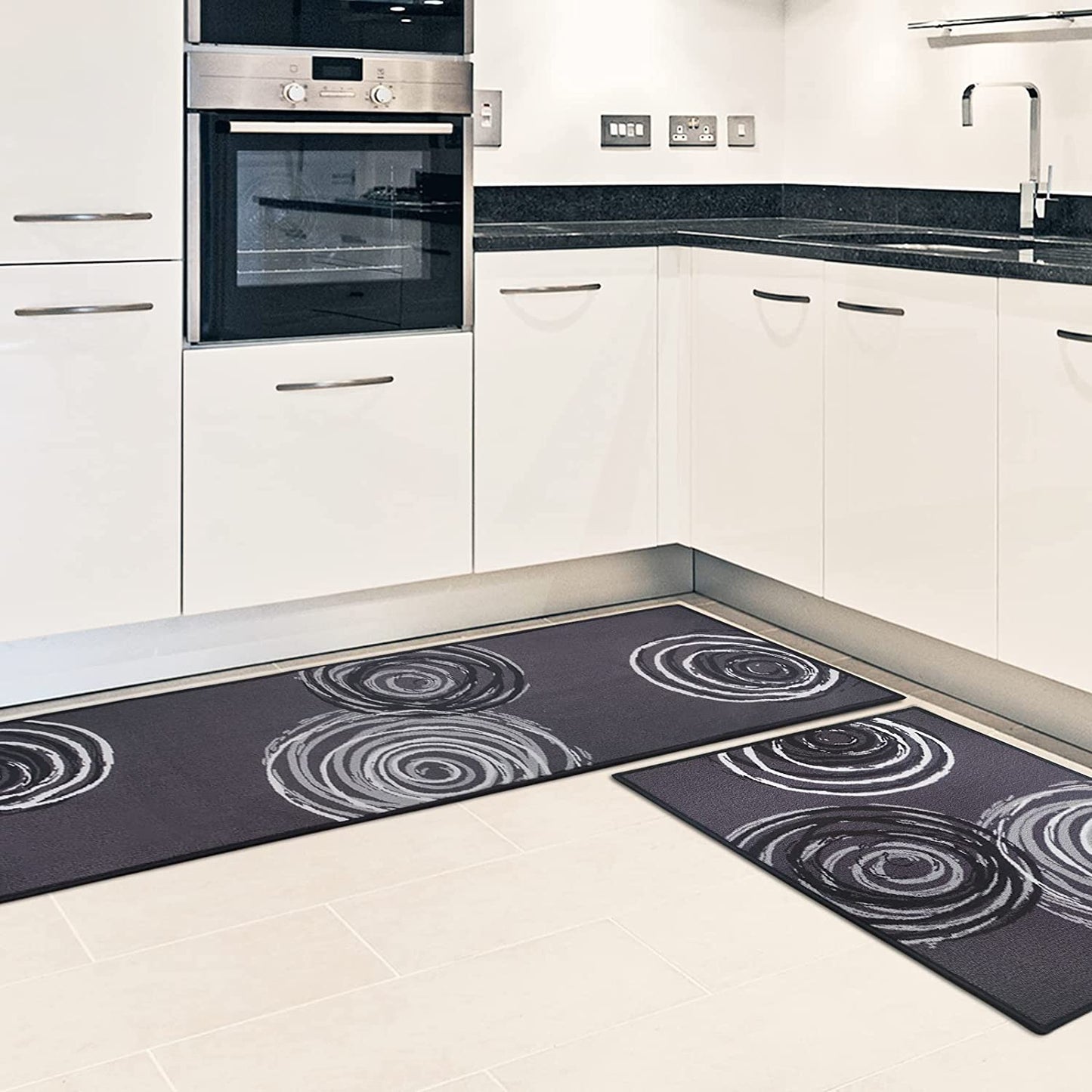 Kitchen Rug Set of 2, Non-Skid Machine Washable Kitchen Laundry Floor Mat Absorbent, Runner Rug and Door Mat Set, Durable Polyester Tufting Surface & Non-Slip Latex Backing