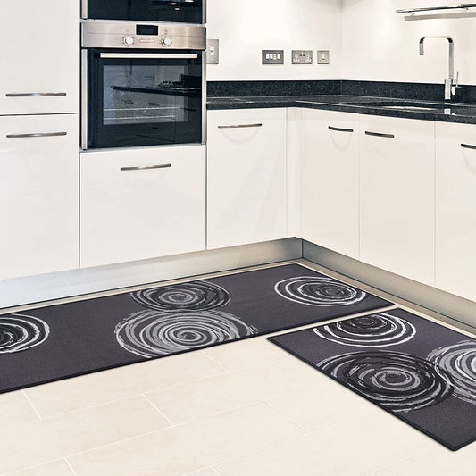 Kitchen Rug Set of 2, Non-Skid Machine Washable Kitchen Laundry Floor Mat Absorbent, Runner Rug and Door Mat Set, Durable Polyester Tufting Surface & Non-Slip Latex Backing