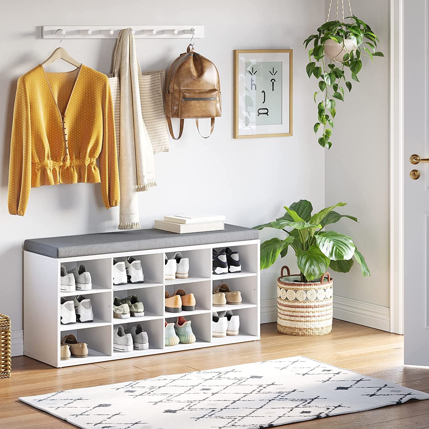 Shoe Storage Bench with Cushion, Cubby Shoe Rack with 12 Cubbies, Adjustable Shelves, Multifunctional Shoe Organizer Bench for Entryway, Mudroom, Hallway, Closet and Garage, White