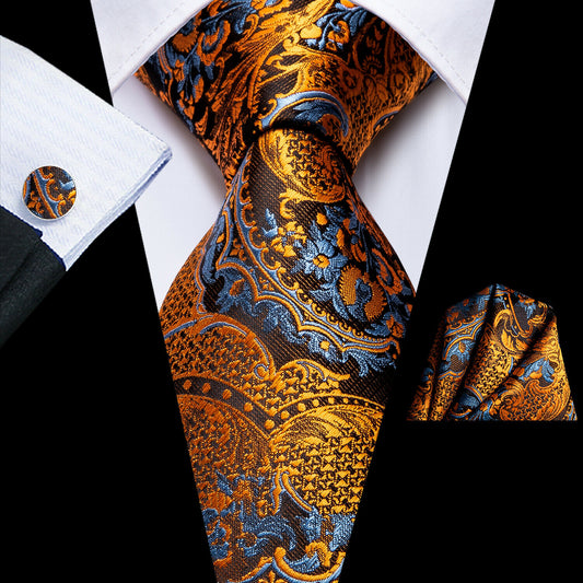 Extra Long Mens Tie 100% Silk Brown Floral Paisley Necktie Set Wedding US