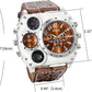 Mens Big Face Watch, Dual Time Zone Leather Strap Sport Watch, Analog Quartz Wrist Watch with Decorative Compass Thermometer Dial