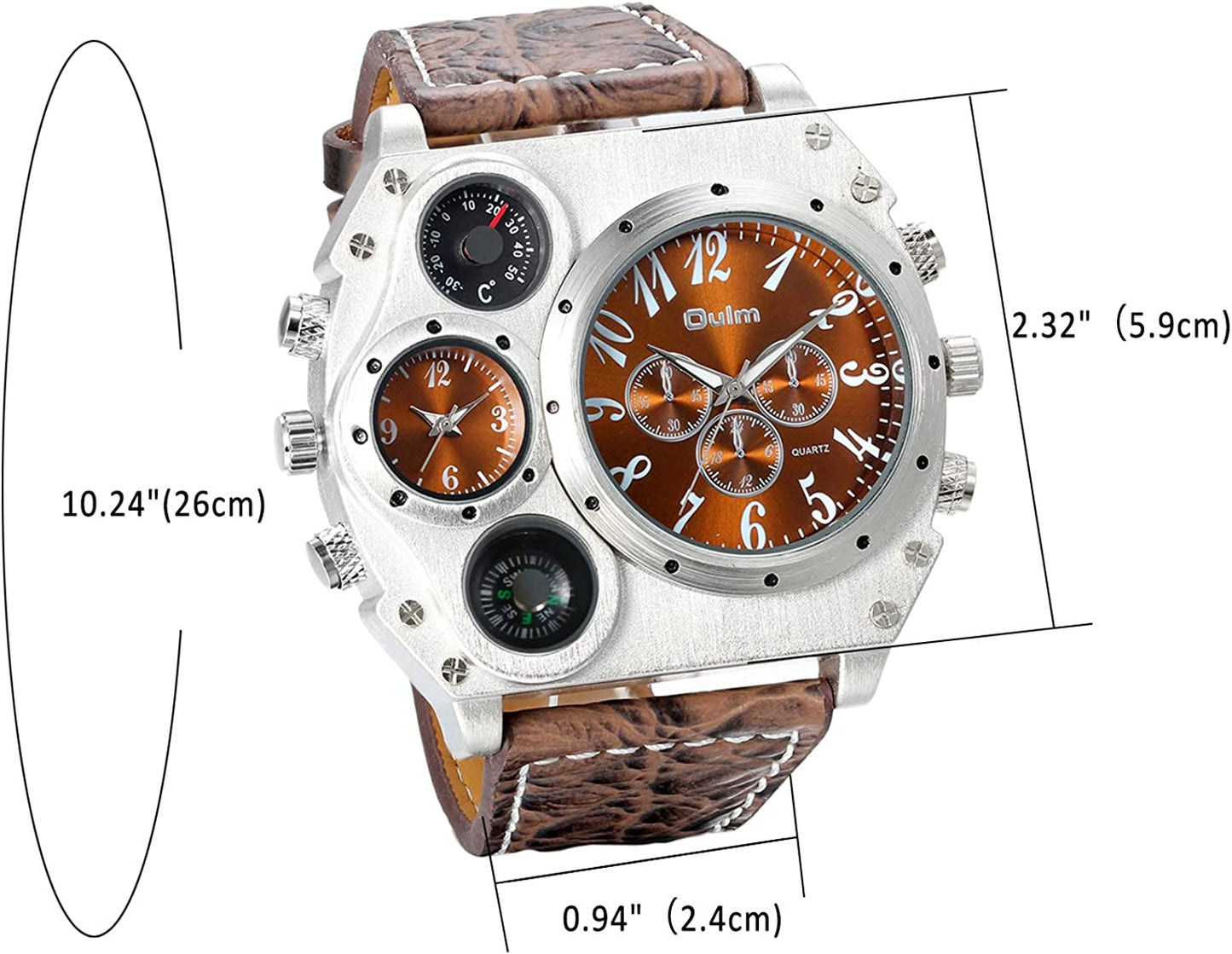 Mens Big Face Watch, Dual Time Zone Leather Strap Sport Watch, Analog Quartz Wrist Watch with Decorative Compass Thermometer Dial