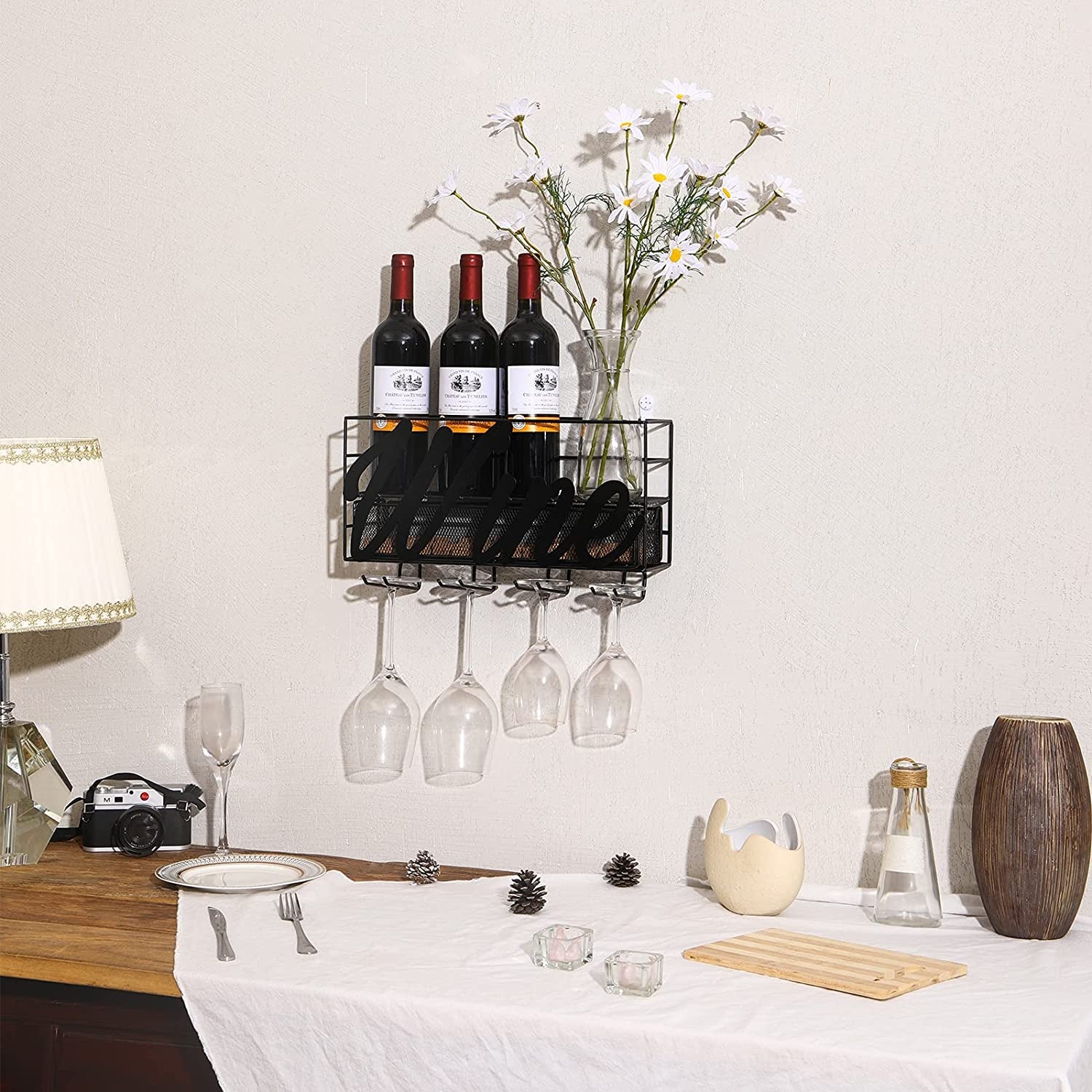 Wall Mounted Metal Wine Rack,Hanging Stemware Glass Holder,Wine Corks Storage Wine Kitchen Storage Rack,Modern Home Kitchen Decor,Black
