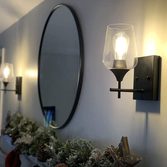 Industrial Glass Wall Sconces Lighting 2-Pack Bathroom Vanity Light Black Finish