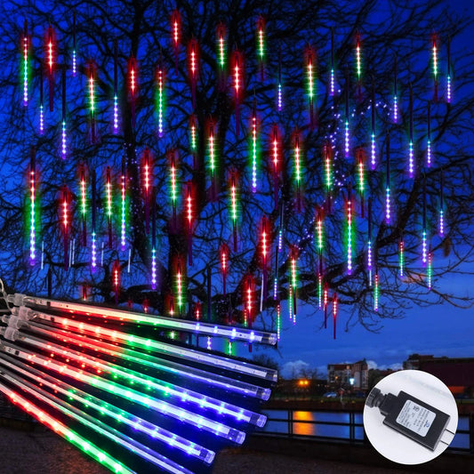 Meteor Shower Lights Outdoor, 11.8 Inch 8 Tubes 192 LED Snowfall Lights, Waterproof Meteor Christmas Lights, Hanging Falling Rain Lights for Tree Bushes Holiday Party Christmas Decor, Multicolored