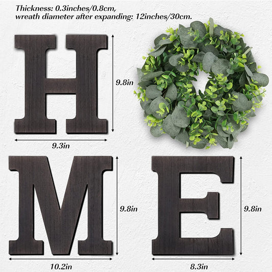 Home Sign Wall Decor Wooden Farmhouse Wall Decor Hanging Letters Home Sign with Eucalyptus Wreath for Front Door Living Room Entryway Kitchen Bathroom Housewarming