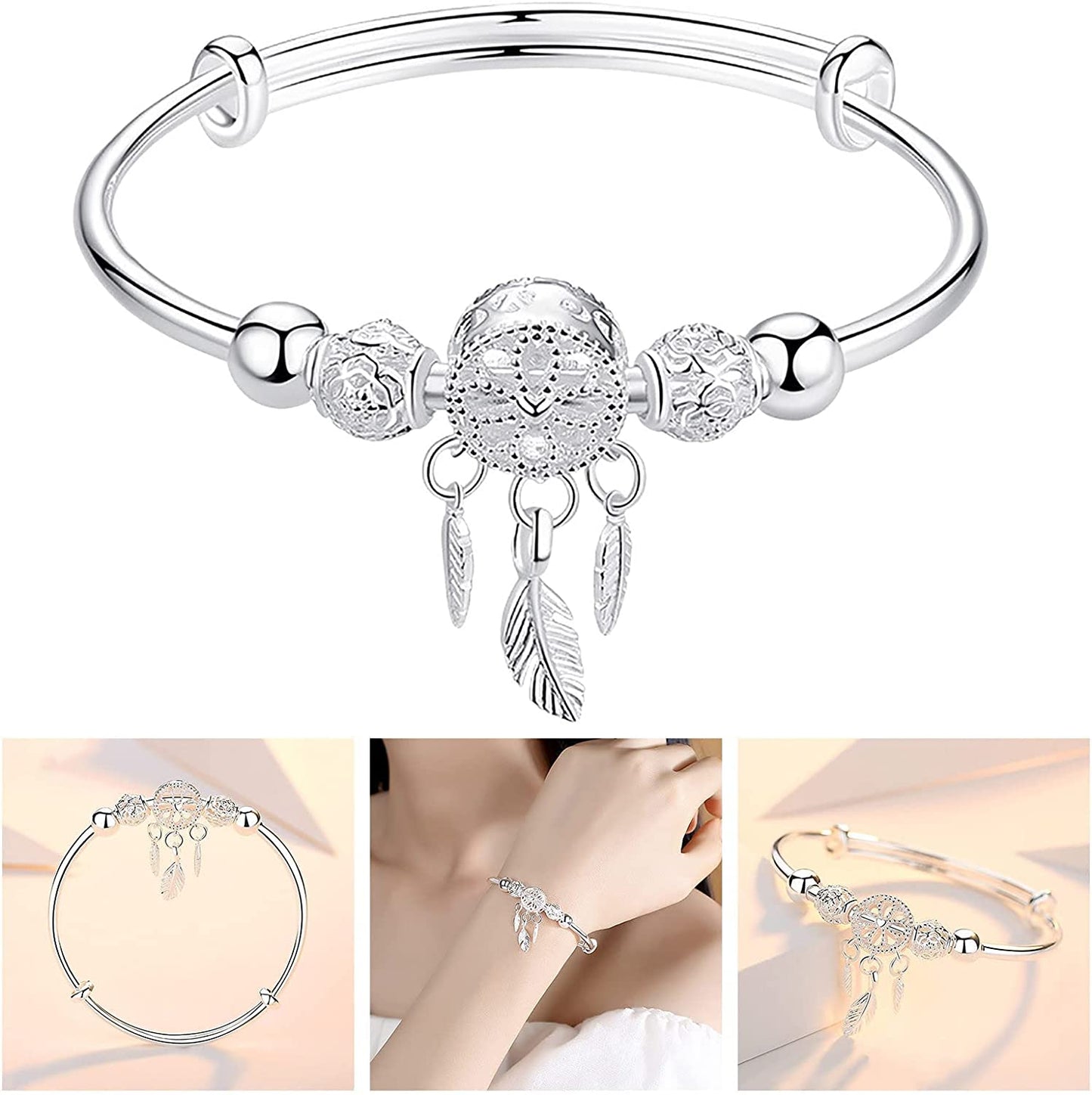 Silver Dream Catcher Tassel Feather Charm Bracelet Bangle Adjustable Mother'S Day Jewelry Gift Birthday Christmas Gifts for Women Mom Wife Girls