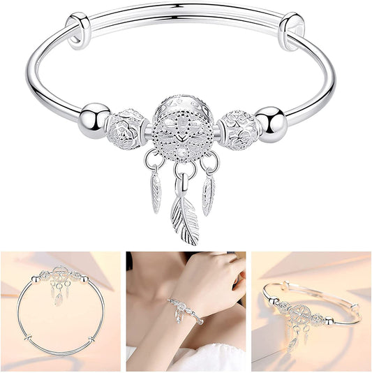 Silver Dream Catcher Tassel Feather Charm Bracelet Bangle Adjustable Mother'S Day Jewelry Gift Birthday Christmas Gifts for Women Mom Wife Girls