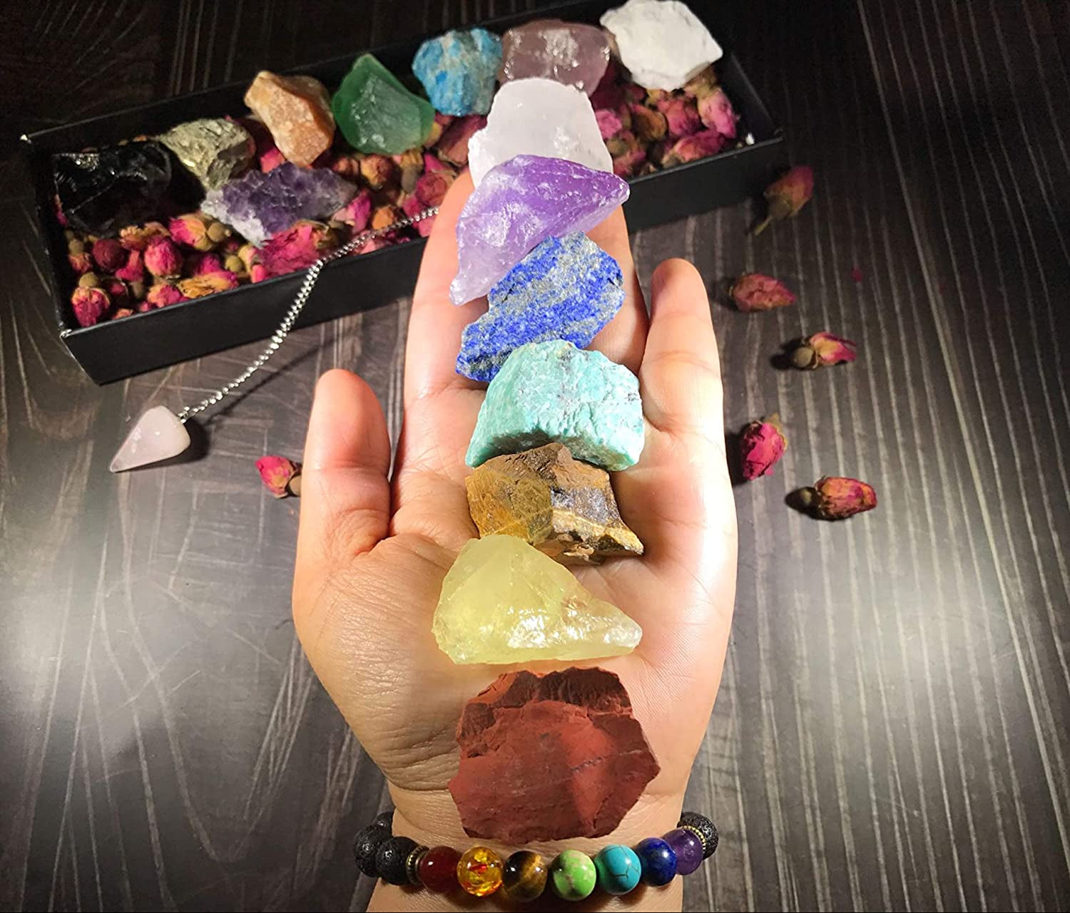 Chakra Therapy Starter Collection 17 Pcs Healing Crystals Kit, 7 Raw Chakra Stones,7 Colorful Gemstones, Amethyst,Rose Quartz Pendulum,Chakra Lava Bracelet,Dry Roses,Guide,Coa,Gift Ready
