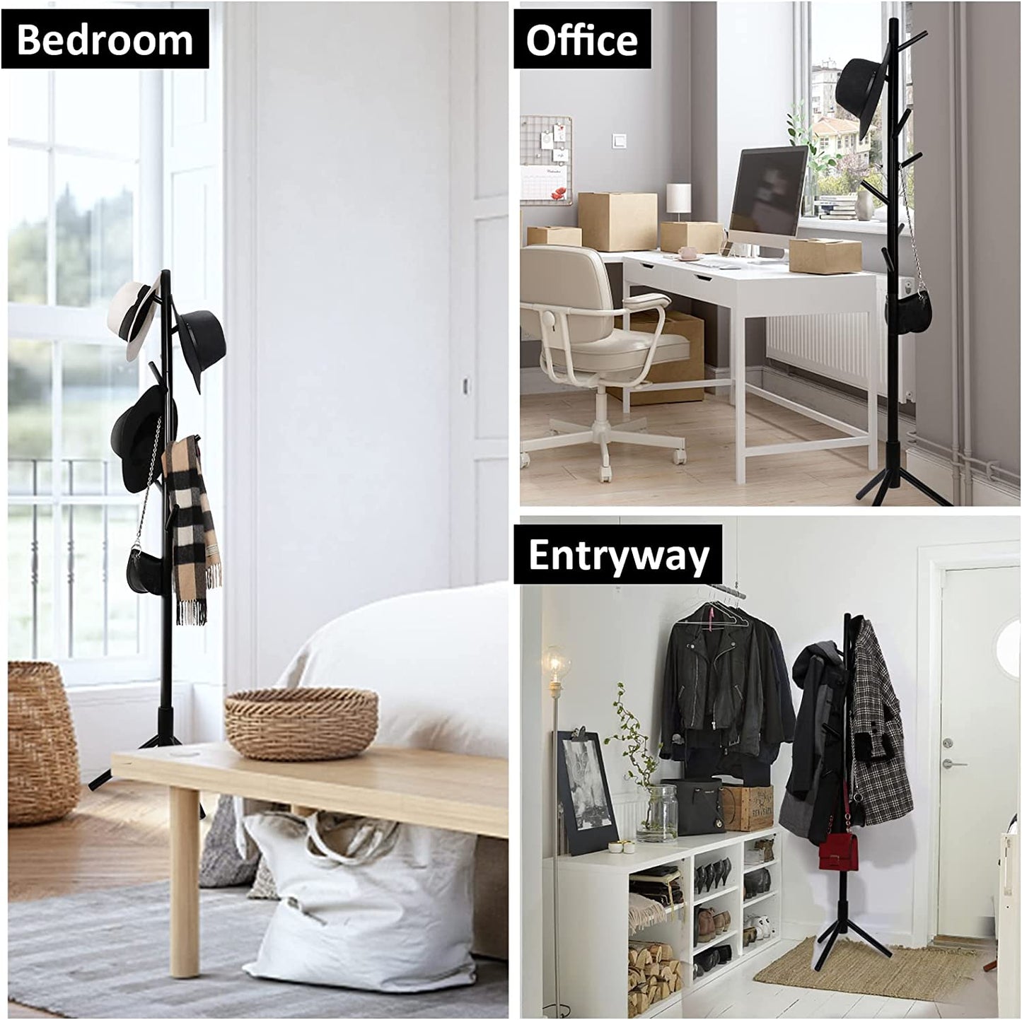 Wooden Tree Coat Rack Stand, 3 Adjustable Sizes, 8 Hooks - Super Easy Assembly NO Tools Required - Free Standing Solid Coat Hanger Stand for Clothes, Suits, Accessories (Black)