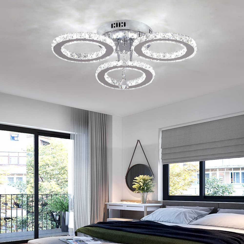 Deckrico Modern Crystal Chandelier Flush Mount Stainless Steel Pendant Ceiling Lamp 3-Rings round LED Light Fixtures for Living Room Bedroom Restaurant Porch Dining Room (Cool White)