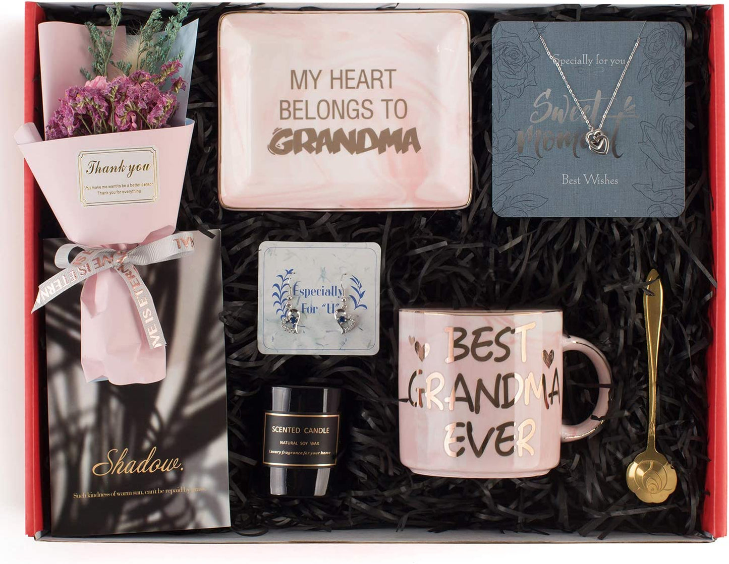 Gifts for Grandma - Best Mother'S Day Birthday Gift Set - Grandma Gifts Set Includes Sterling Silver Necklace，Earrings, Pink Marble Jewelry Trays,Pink Marble Mug, Scented Candle and Flower
