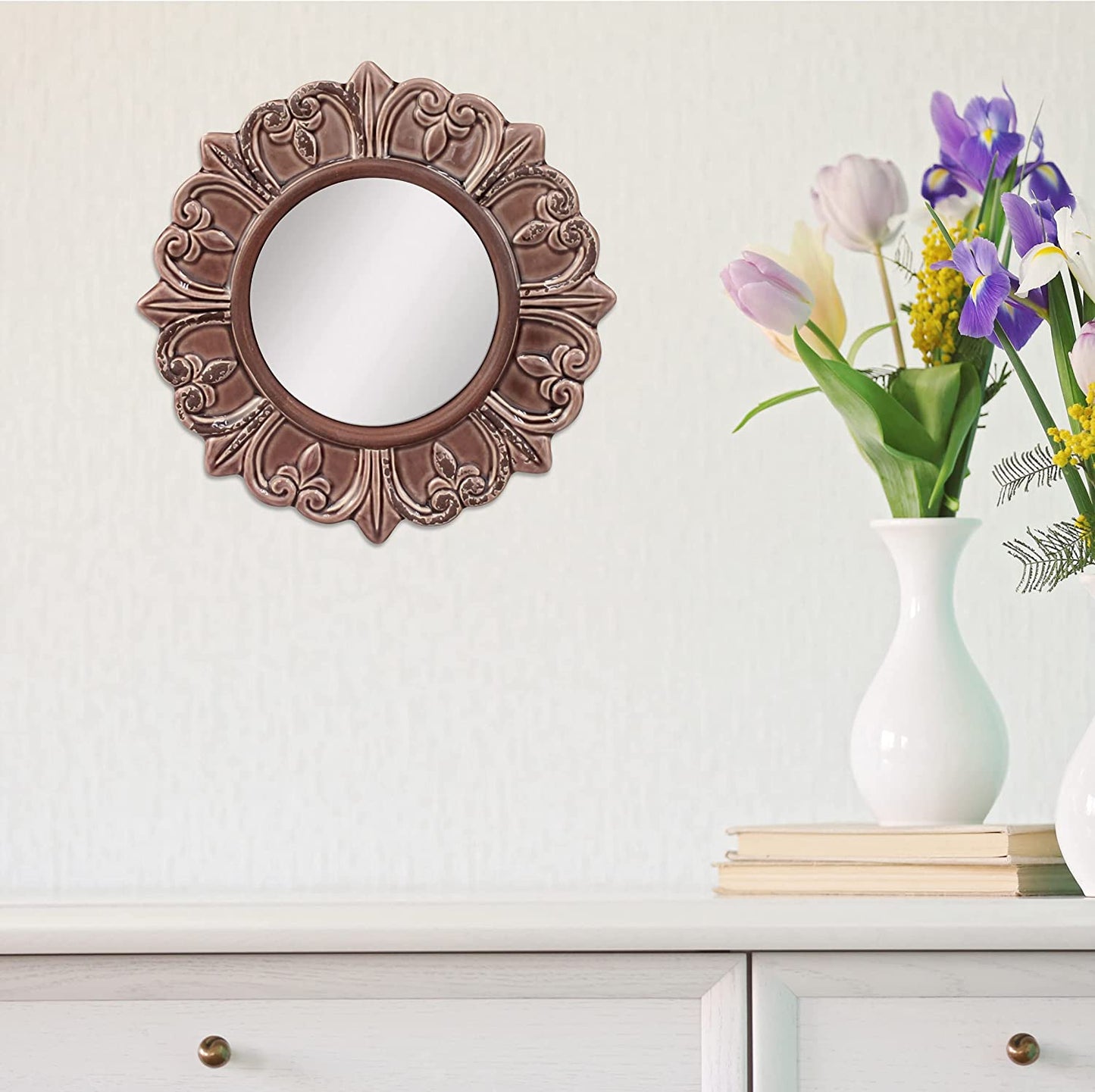 Decorative 9" Warm Taupe round Ceramic Accent Wall Mirror
