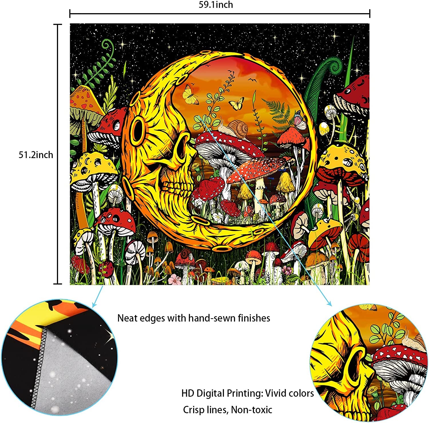 Trippy Mushroom Tapestry Moon Tapestry Skeleton Tapestry Skull Plants Tapestries Snail and Butterfly Tapestry Wall Hanging for Room(51.2 X 59.1 Inches)