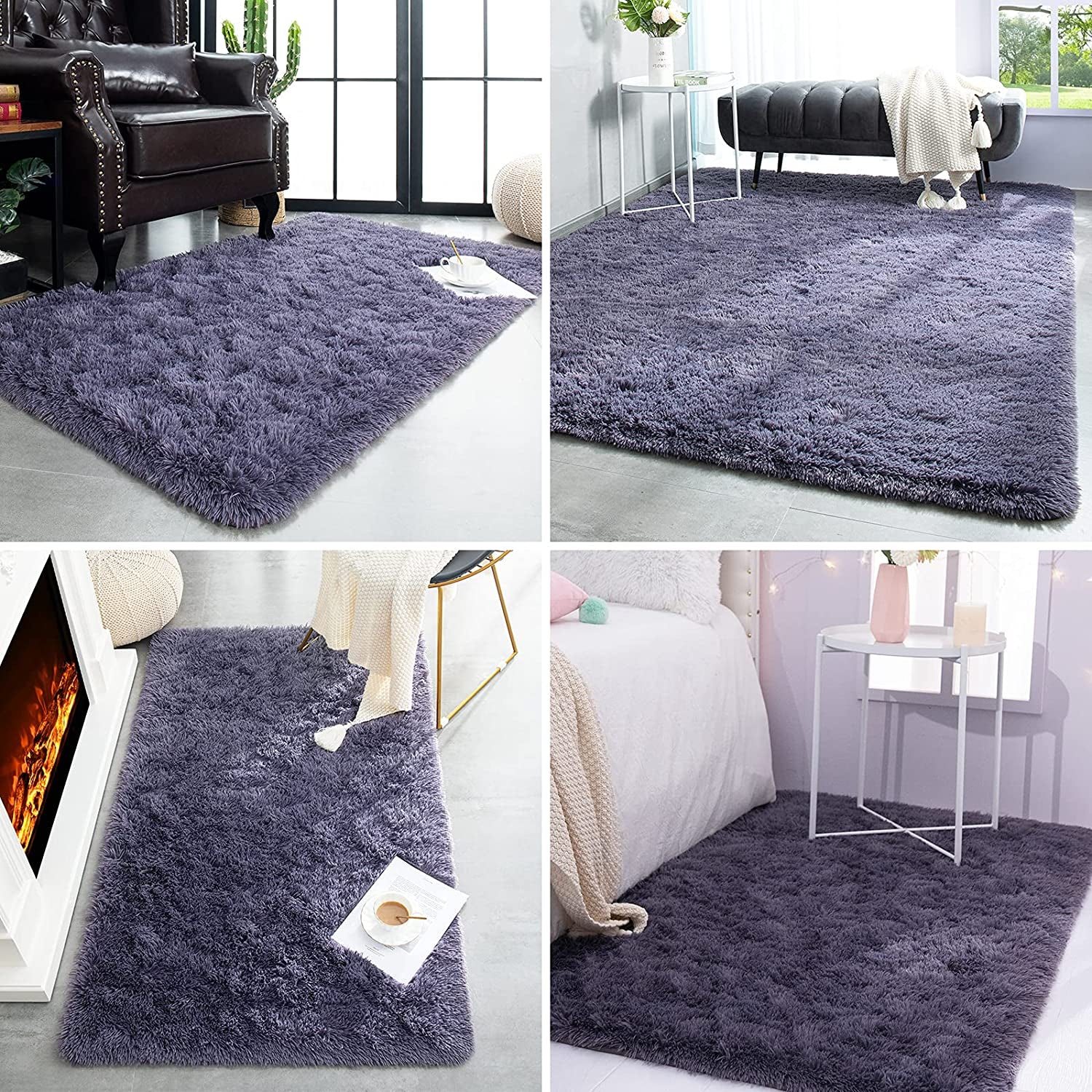 Super Soft Shaggy Rugs Fluffy Carpets 3X5 Feet, Indoor Modern Plush Area Rugs for Living Room Bedroom Kids Room Nursery Home Decor, Upgrade Anti-Skid Durable Rectangular Fuzzy Rug, Grey Purple