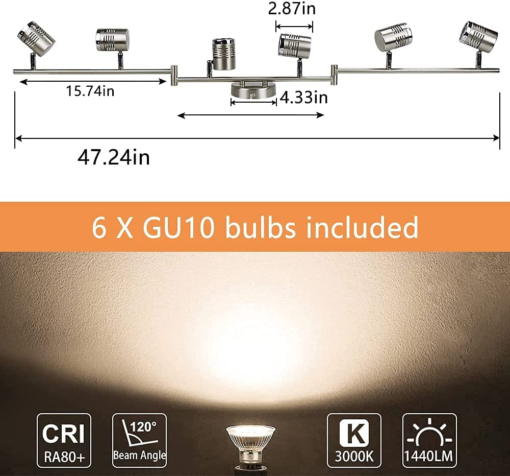 DLLT 6-Light Track Lighting Fixtures Swing Arm, Kitchen Ceiling Spot Light, Flush-Mount Foldable Track Rail Lighting for Living Room, Dining Room, Offices, Bedroom, Picture Wall, Kitchen, Warm Light
