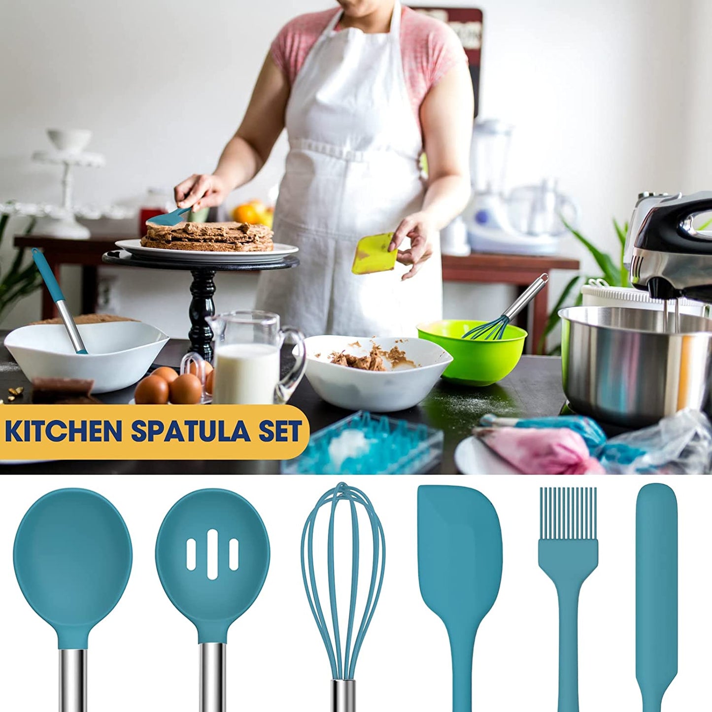 Silicone Cooking Utensil Set,  Non-Stick Kitchen Utensil 24 Pcs Cooking Utensils Set, Heat Resistant Cookware, Silicone Kitchen Tools Gift with Stainless Steel Handle (Blue-24Pcs）