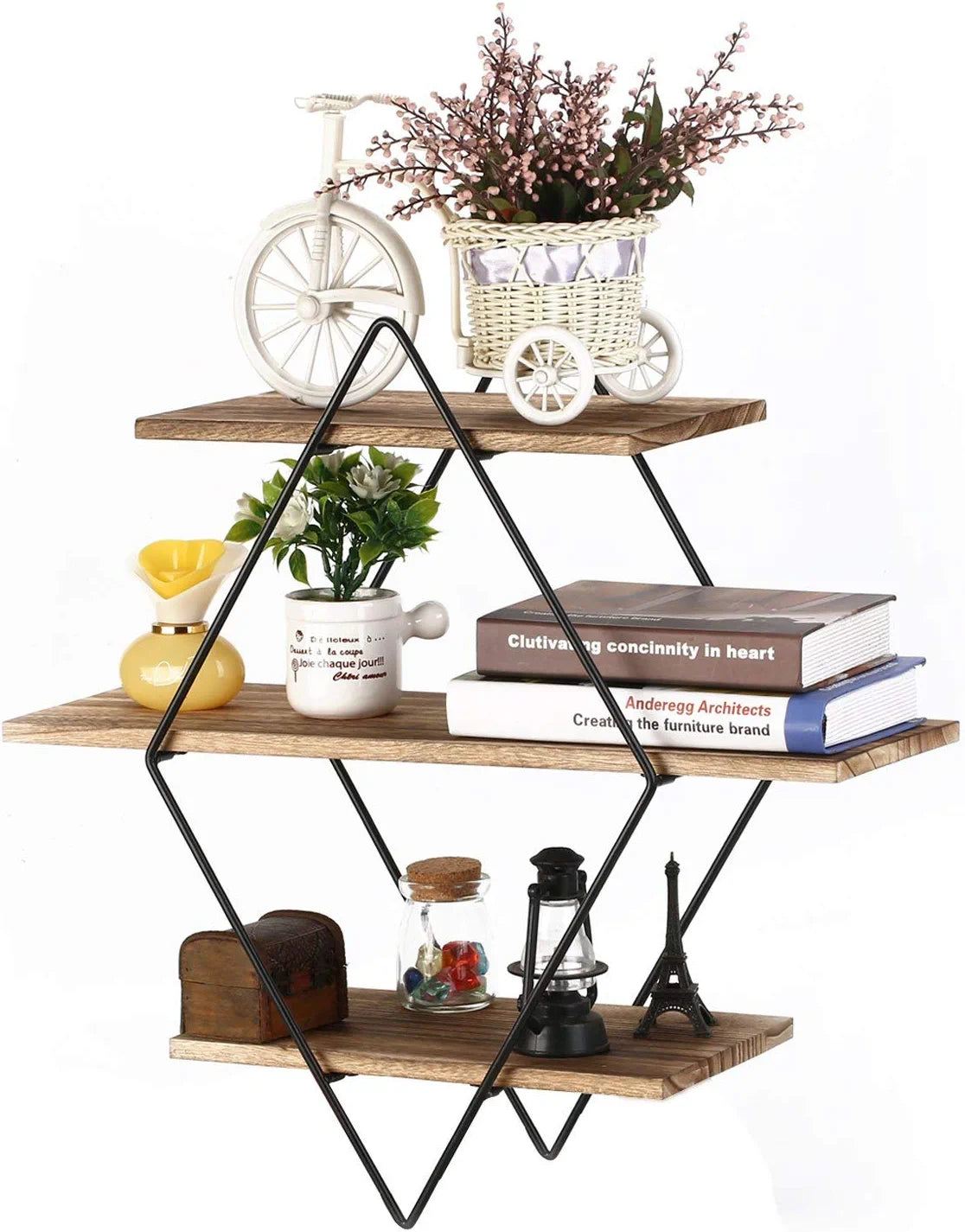 Floating Shelves, Rustic Wood Geometric Wall Shelf, 3 Tier Diamond Metal Storage Shelves for Bedroom, Bathroom, Living Room, Kitchen, Office, Black and Brown